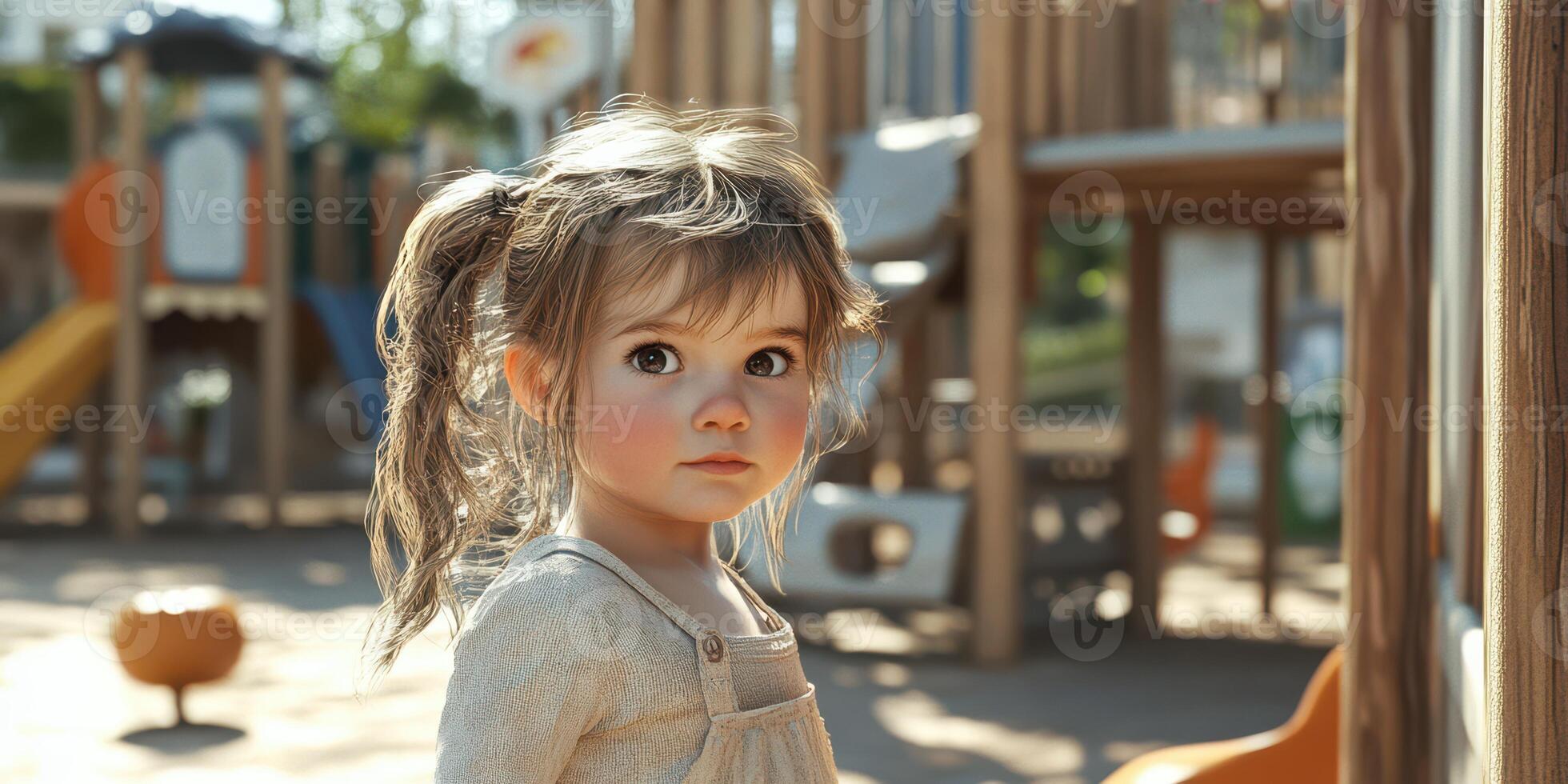Child playing at a sunny playground, enjoying the outdoor activities on a beautiful day with vibrant play structures in the background photo