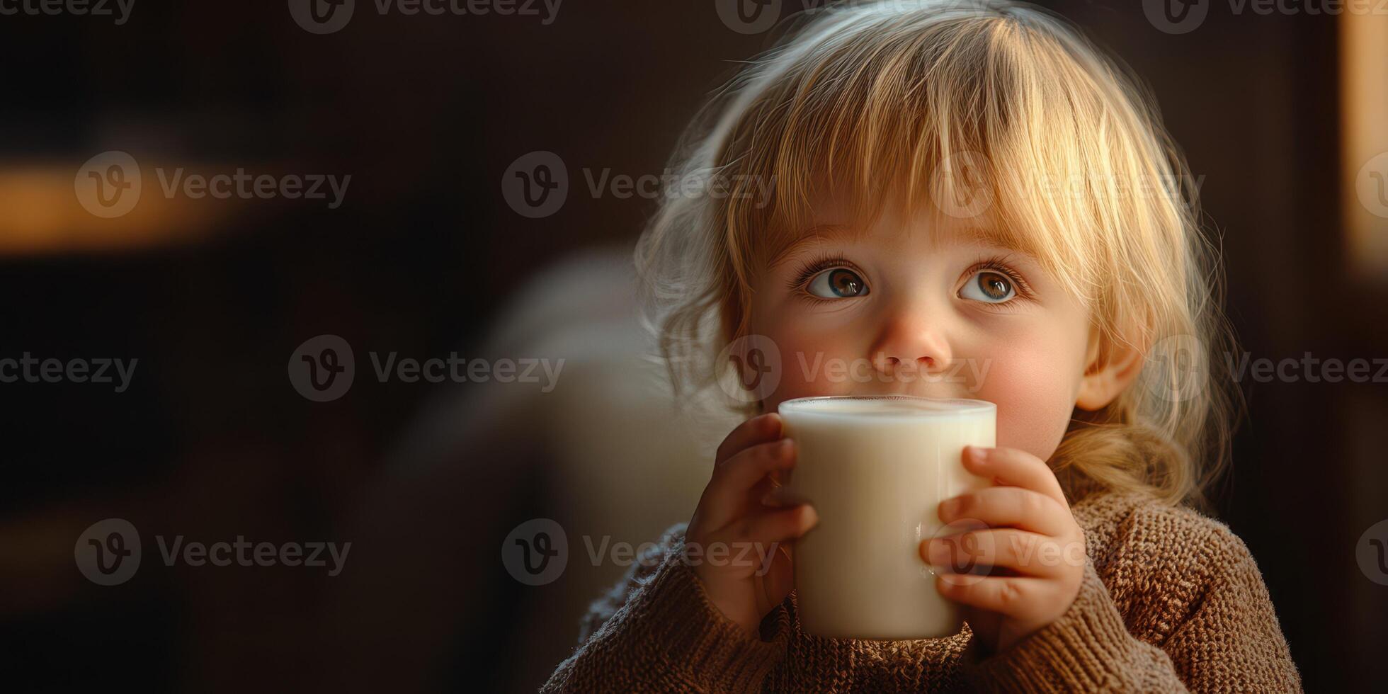 Child enjoying a glass of milk in a cozy indoor setting during afternoon sunlight photo