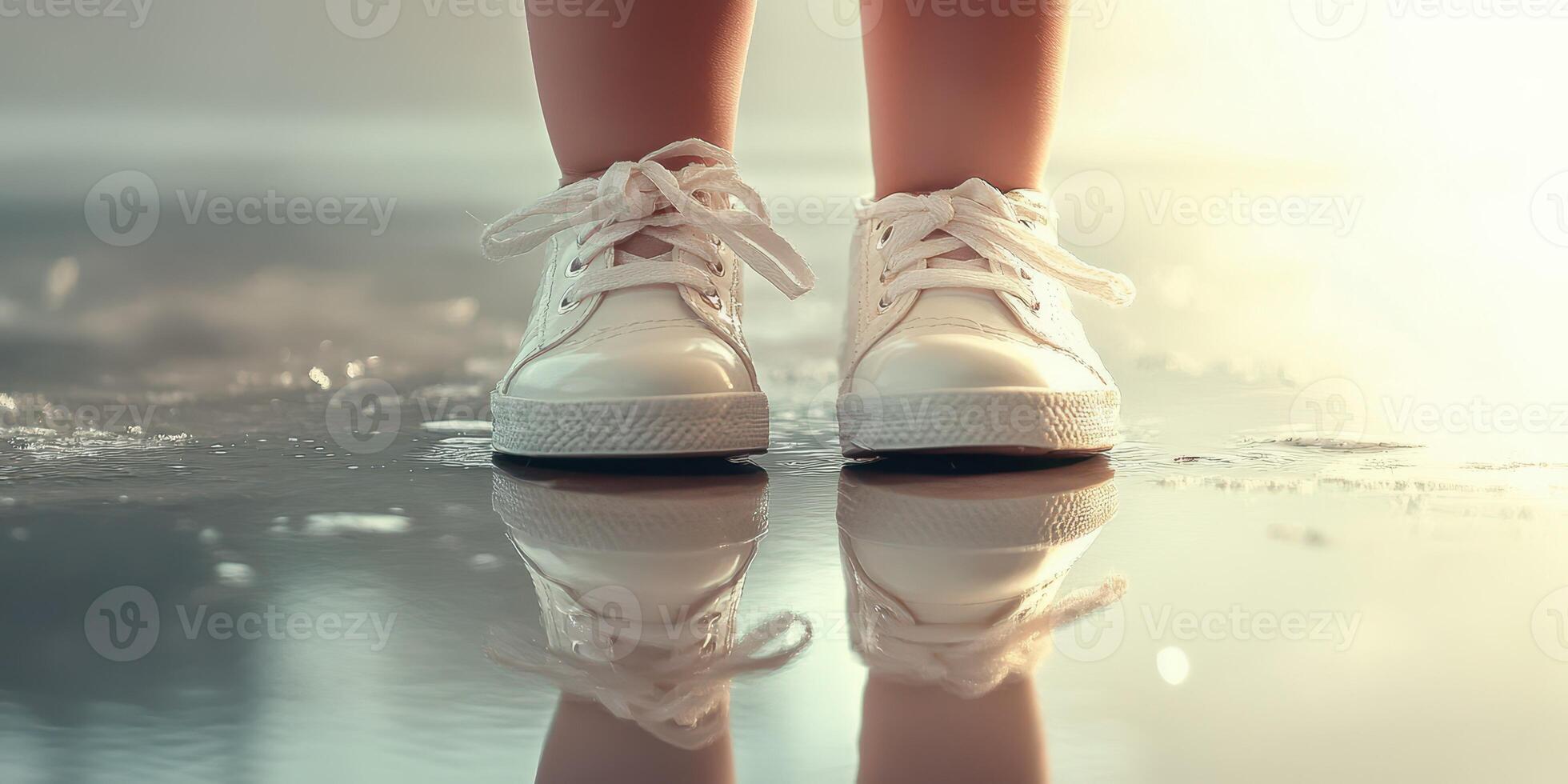 Child's white sneakers reflect on a wet surface in a soft, illuminated environment photo