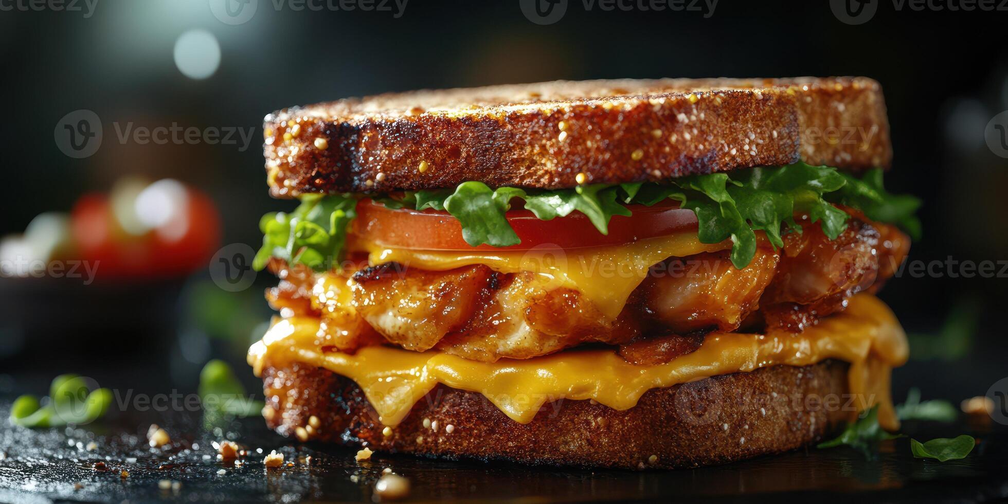 Delicious grilled sandwich featuring crispy chicken, melted cheese, and fresh vegetables served on whole grain bread photo