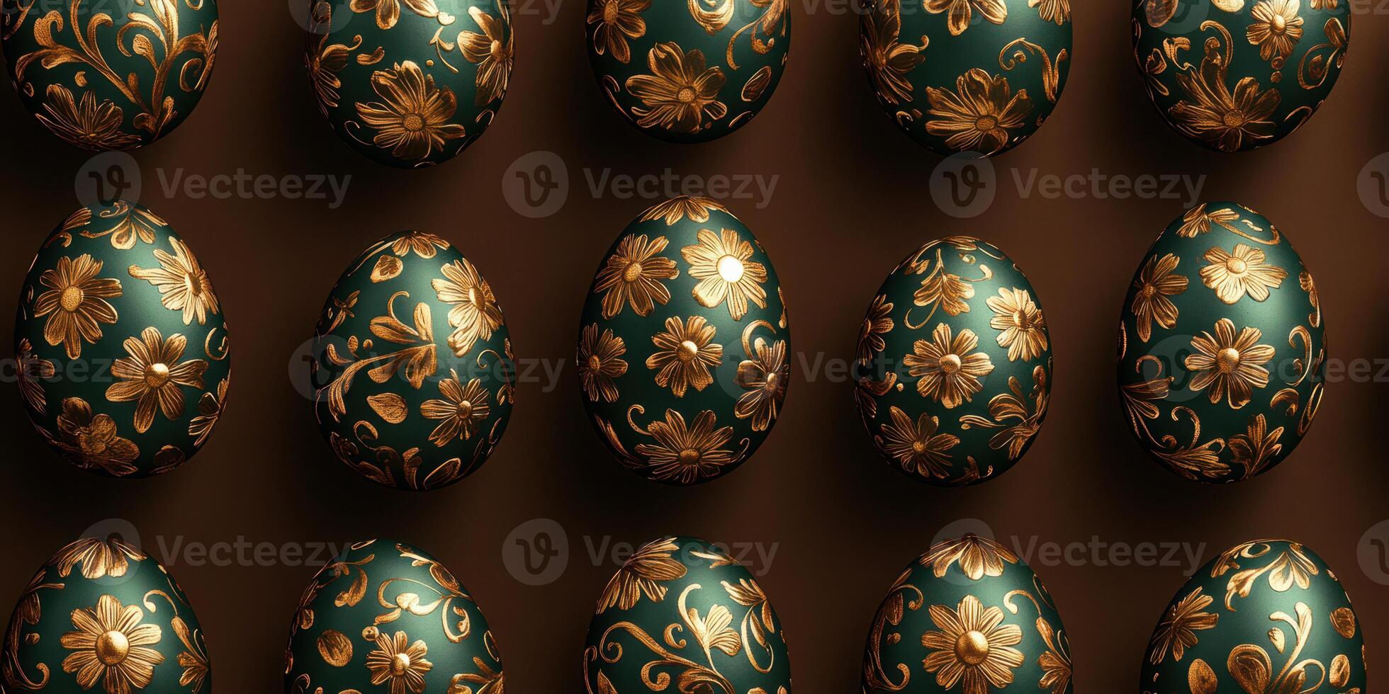 Decorative eggs arranged in a patterned display showcasing floral designs in vibrant green and gold colors photo
