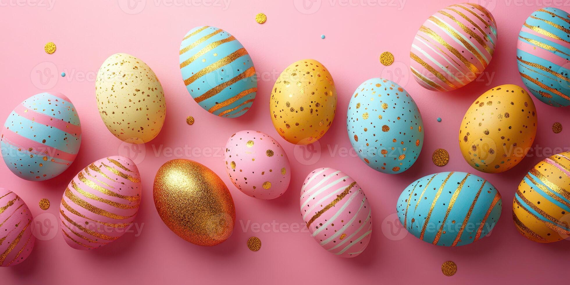 Colorful decorated Easter eggs arranged on a pink background with golden sparkles for spring celebration photo