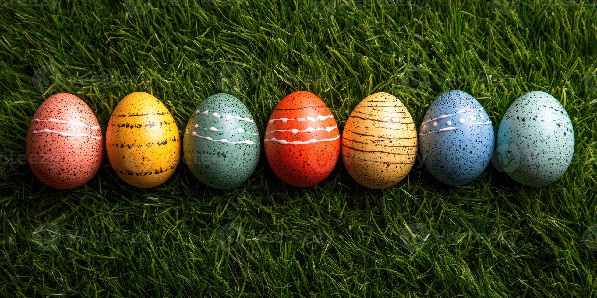 Colorful decorated eggs arranged in a row on green grass during springtime celebration photo