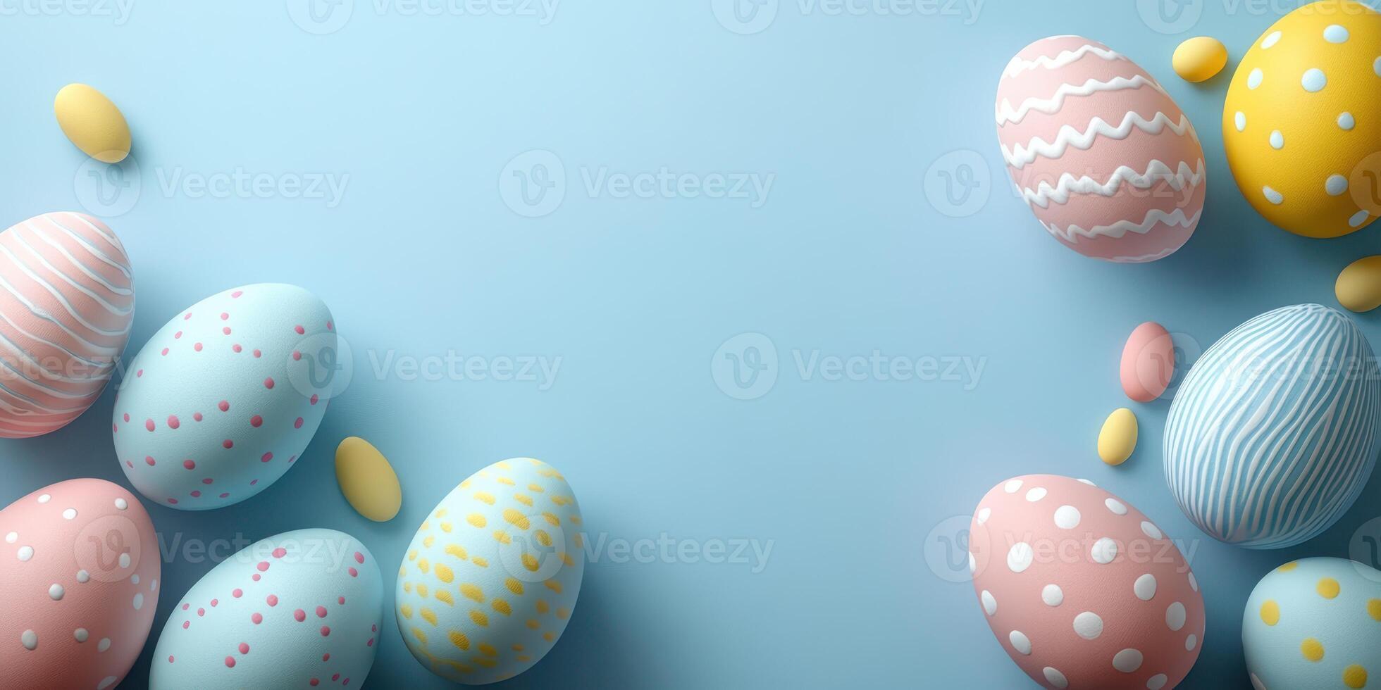 Colorful Easter eggs and candy on a blue background create a festive spring atmosphere for celebration photo