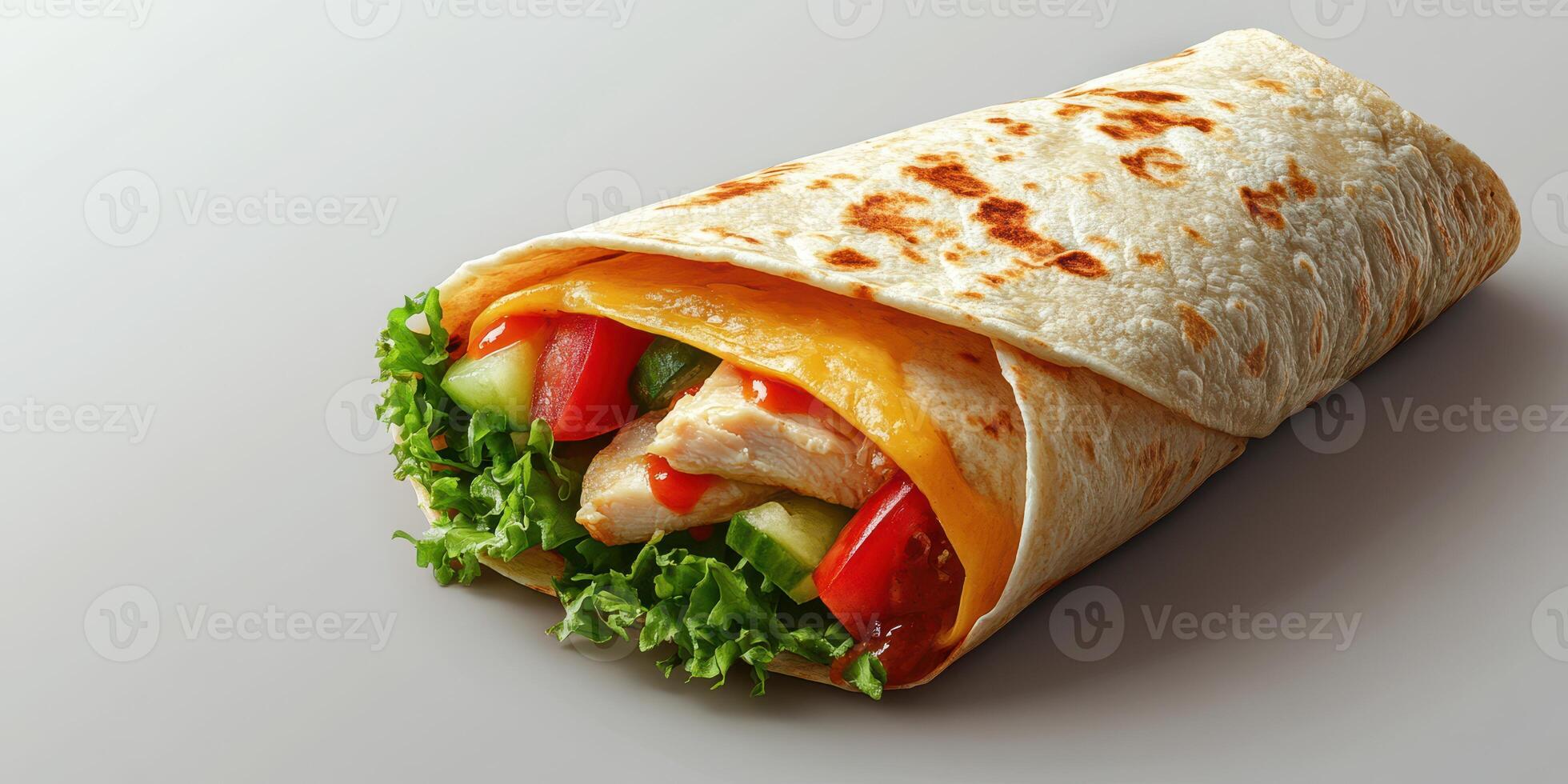 Delicious chicken wrap with fresh vegetables and cheese on a light background for a tempting meal choice photo