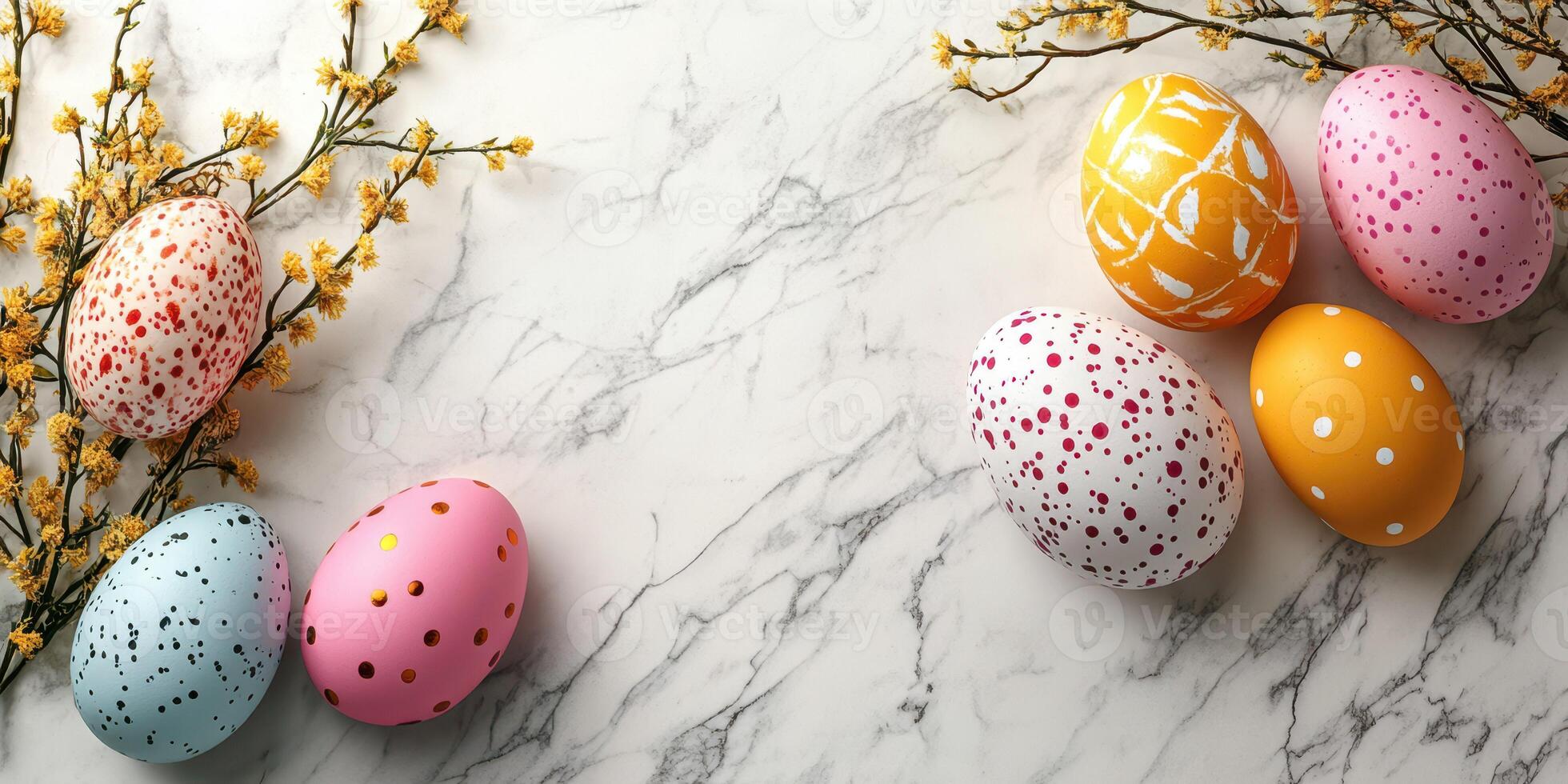 Colorful decorated eggs arranged on a marble surface with branches of yellow flowers photo