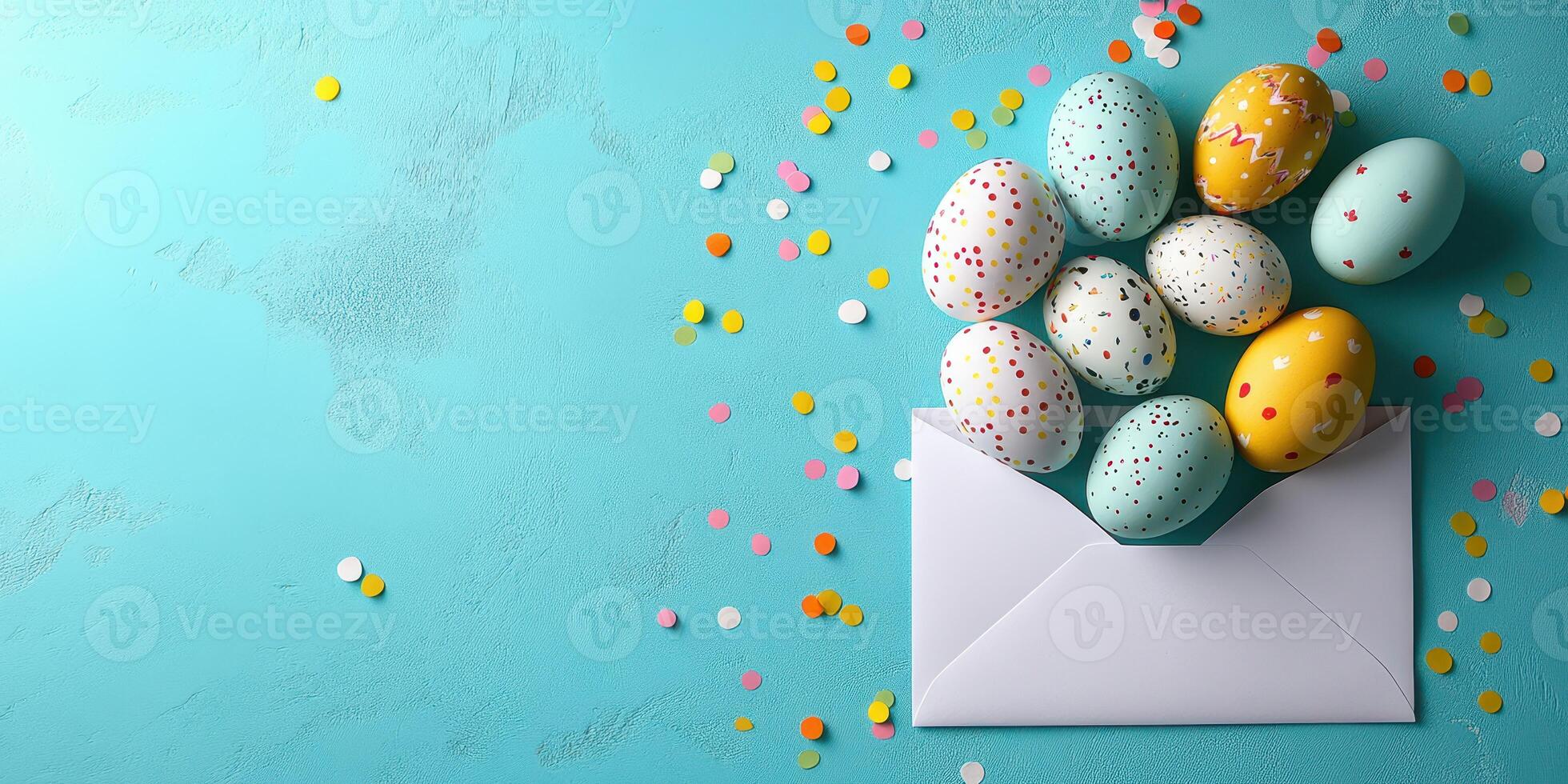 Colorful Easter eggs spilling from a white envelope on a vibrant blue background with confetti scattered around photo