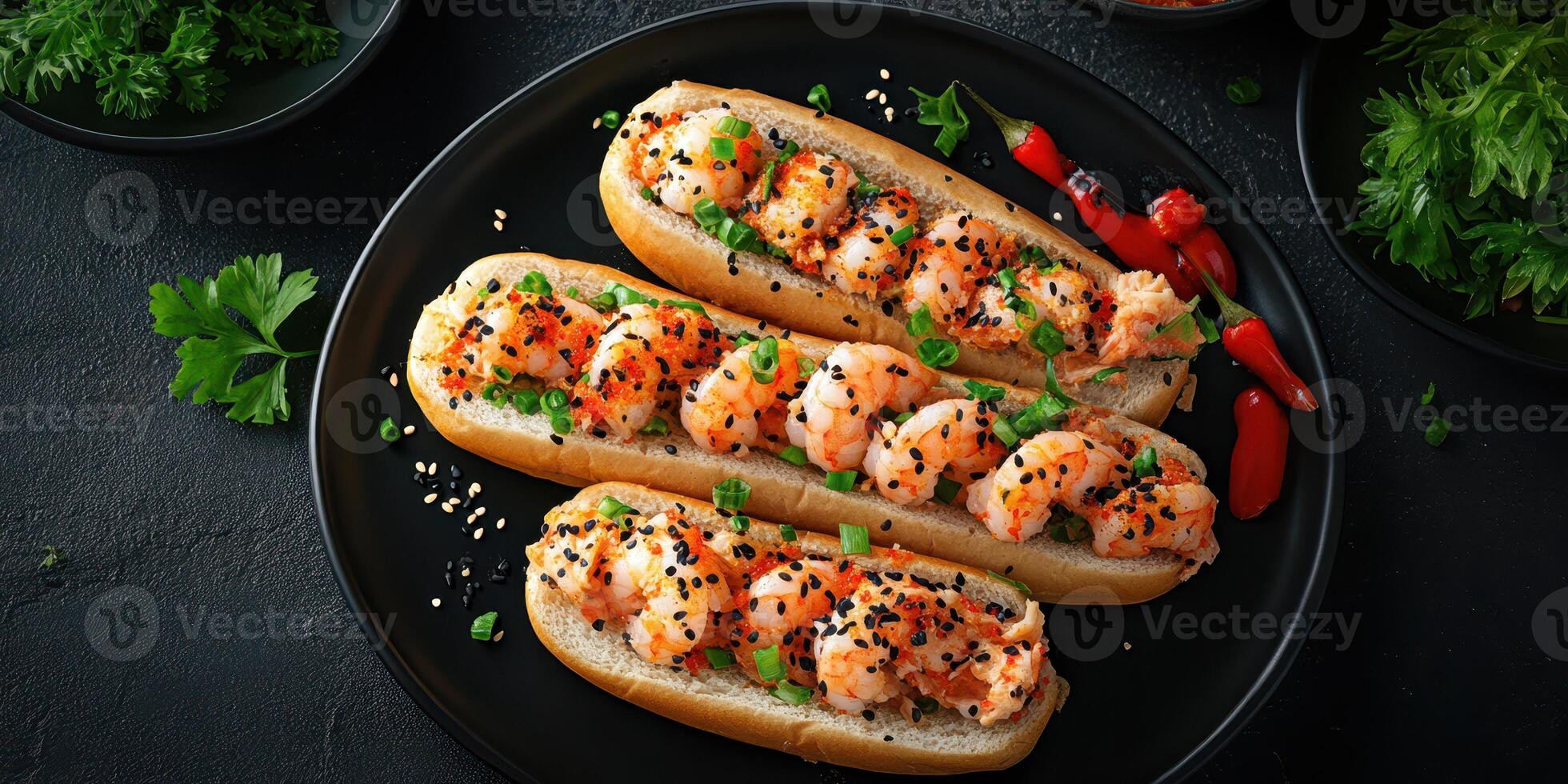 Delicious shrimp rolls served on a black plate with garnishes and spices at a dinner setting photo