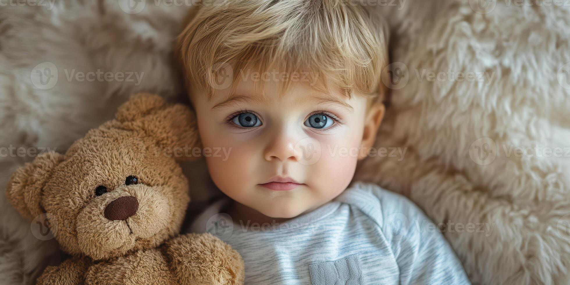 Sweet toddler with blue eyes cuddling a teddy bear on a soft blanket at home photo