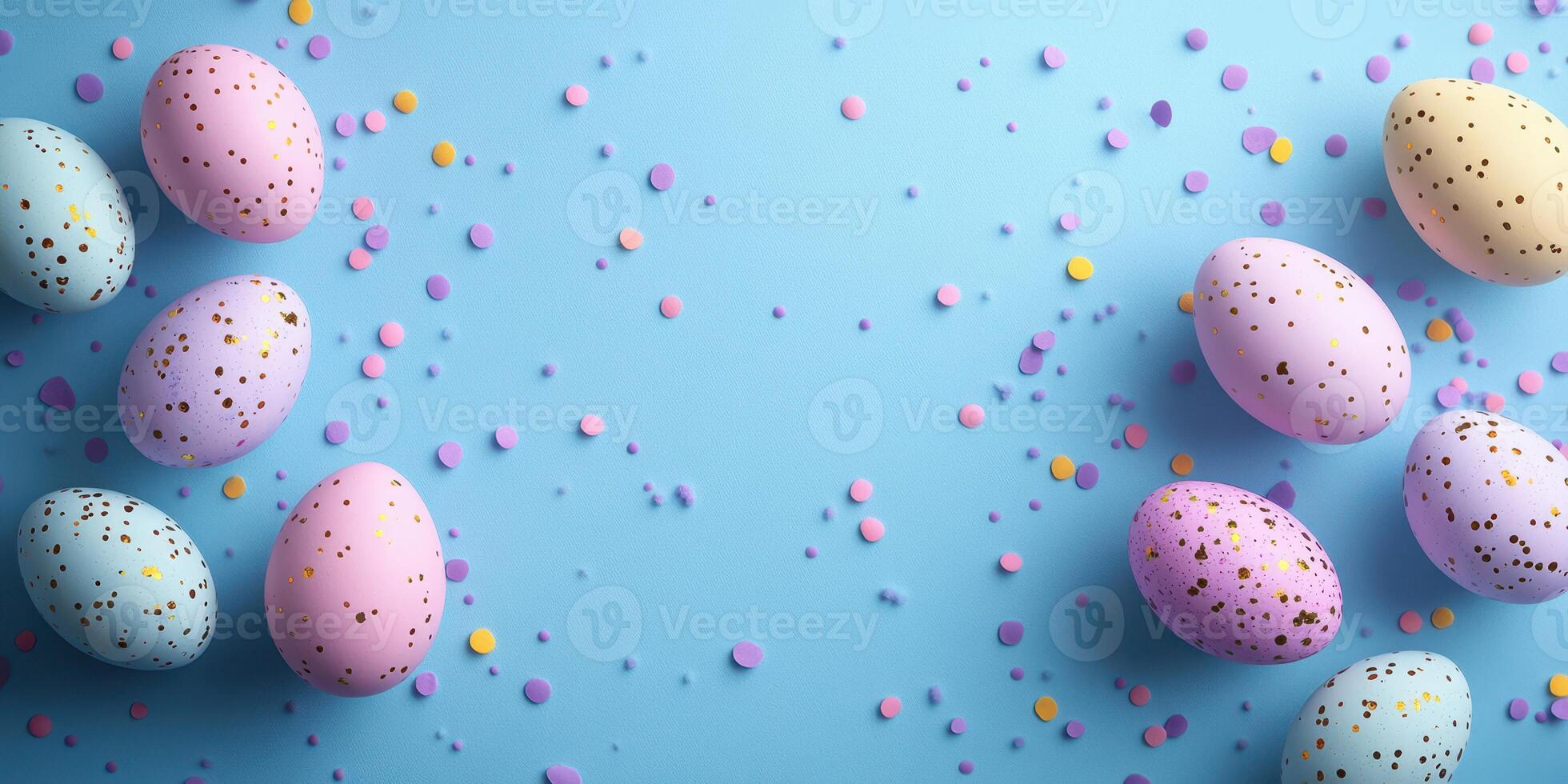 Colorful Easter eggs and confetti arranged on a blue background for festive spring celebrations photo
