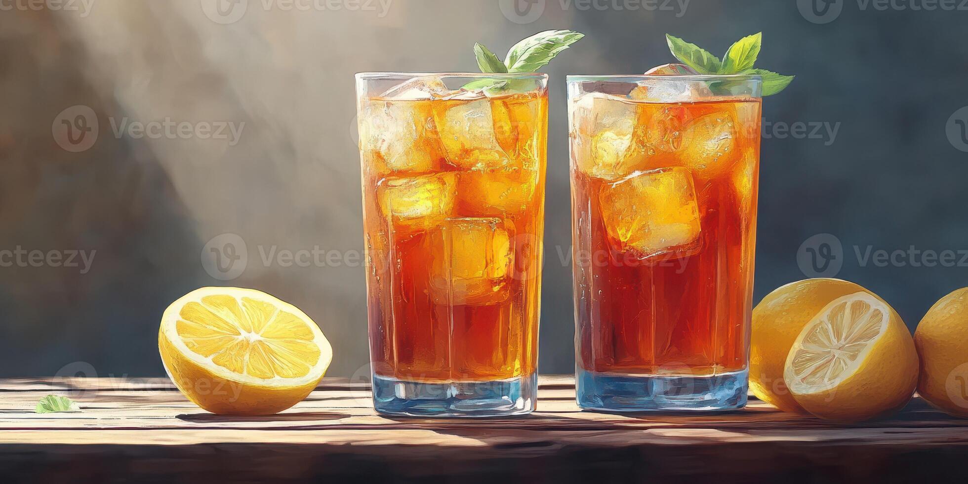 Refreshing iced tea with lemon served in tall glasses on a wooden table in a warm setting photo