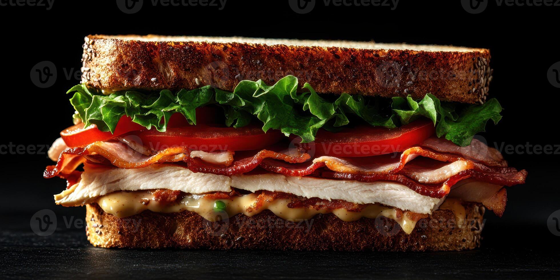 Delicious turkey and bacon sandwich with fresh lettuce and tomato on whole grain bread photo