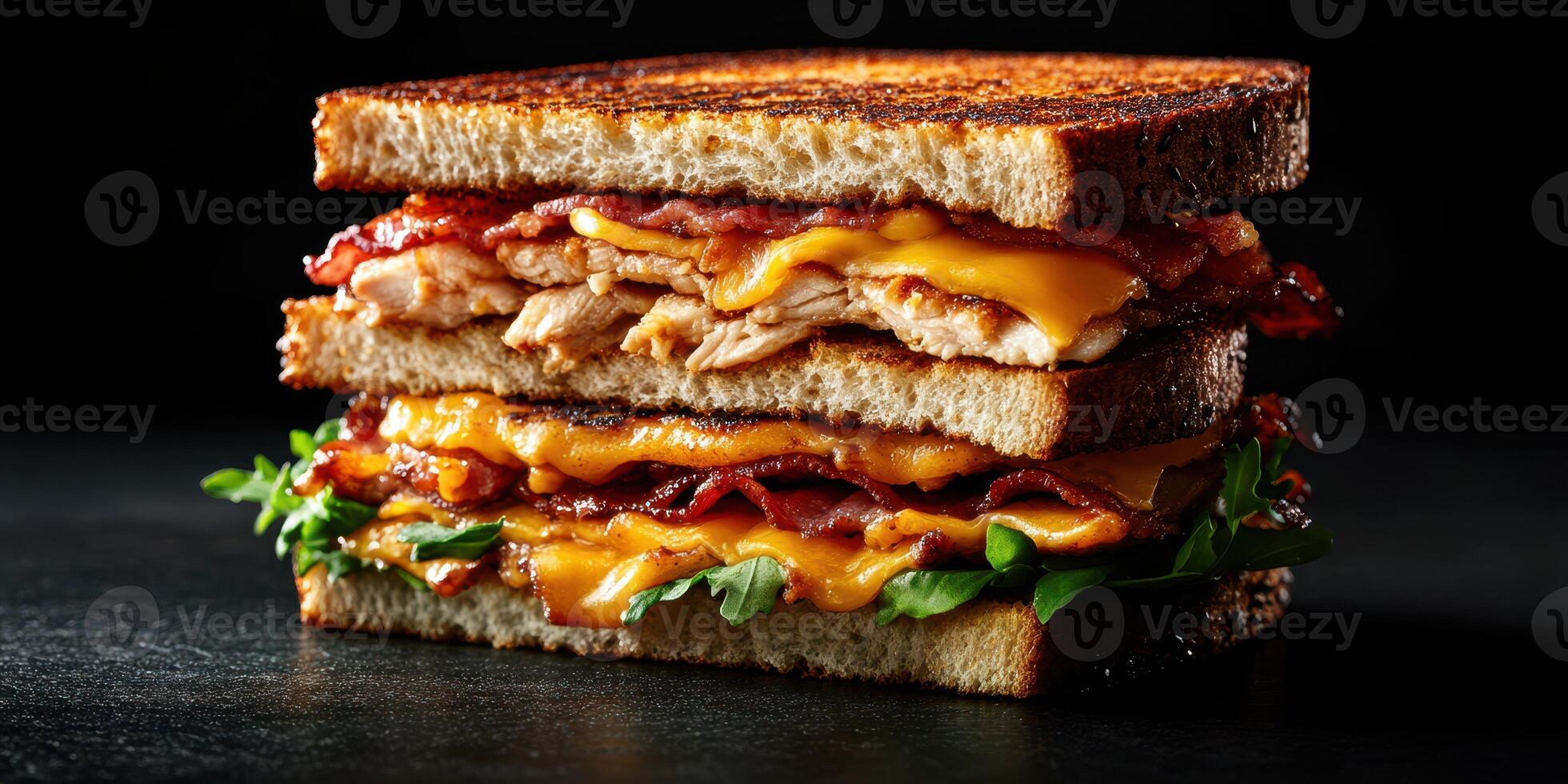 Delicious triple-layer sandwich stacked with crispy bacon, melted cheese, and fresh greens on toasted bread photo
