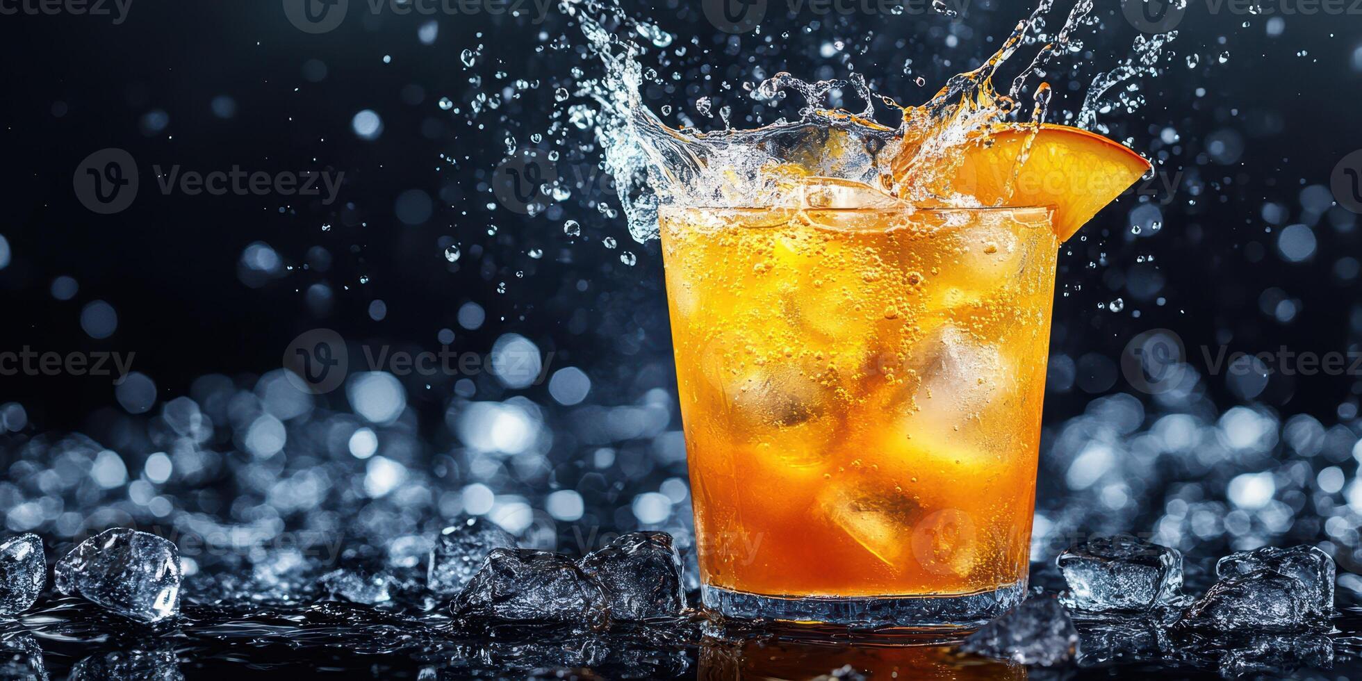 Refreshing cocktail with splash on a dark background during a summer evening photo