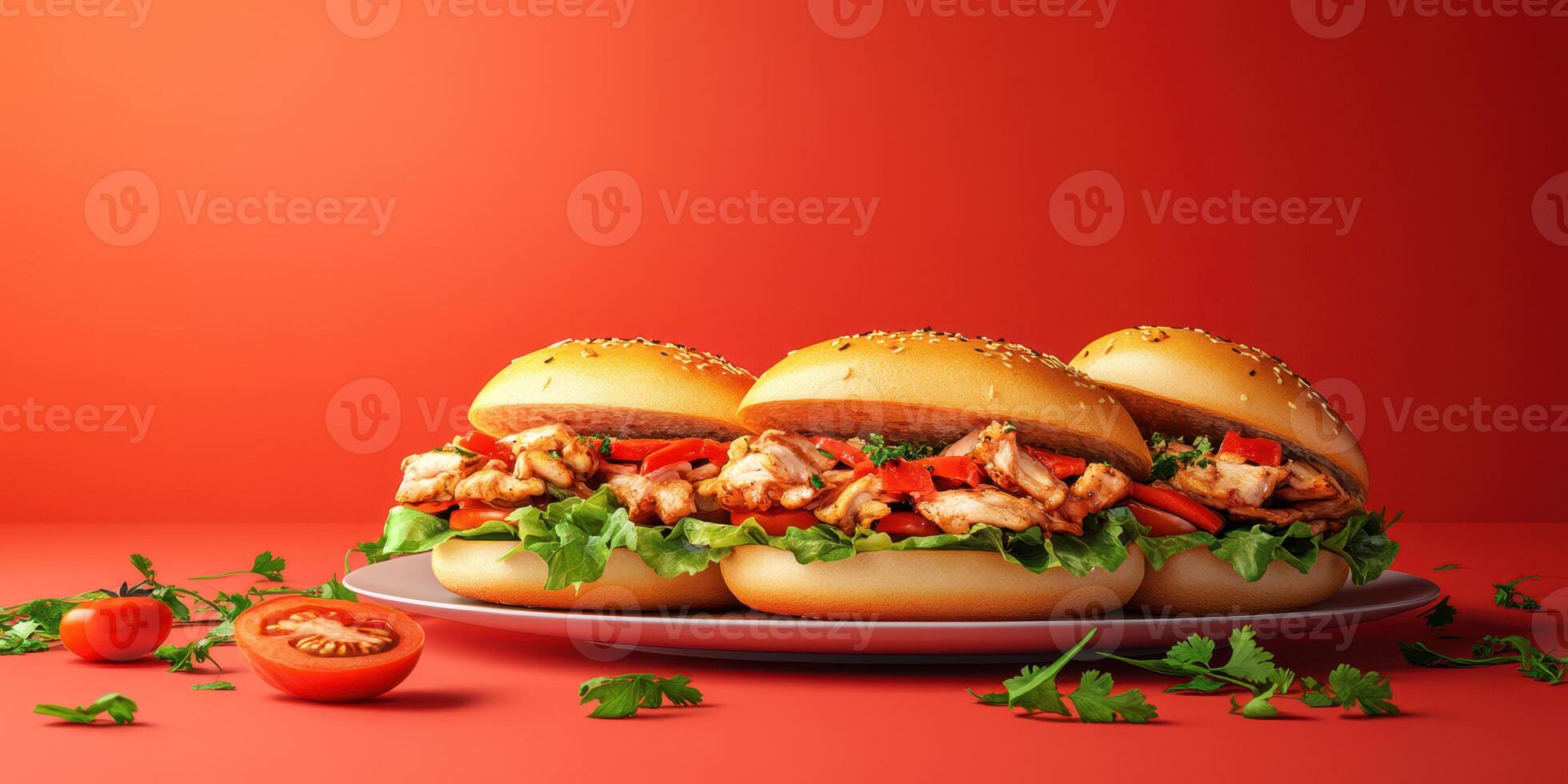 Deliciously stacked chicken sandwiches with fresh vegetables on a vibrant backdrop photo