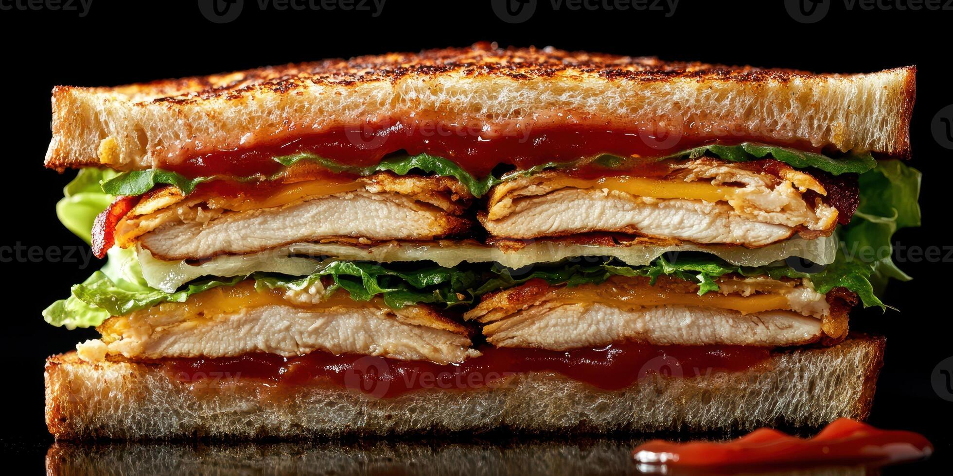Delicious triple-layer grilled chicken sandwich with melted cheese and fresh lettuce photo