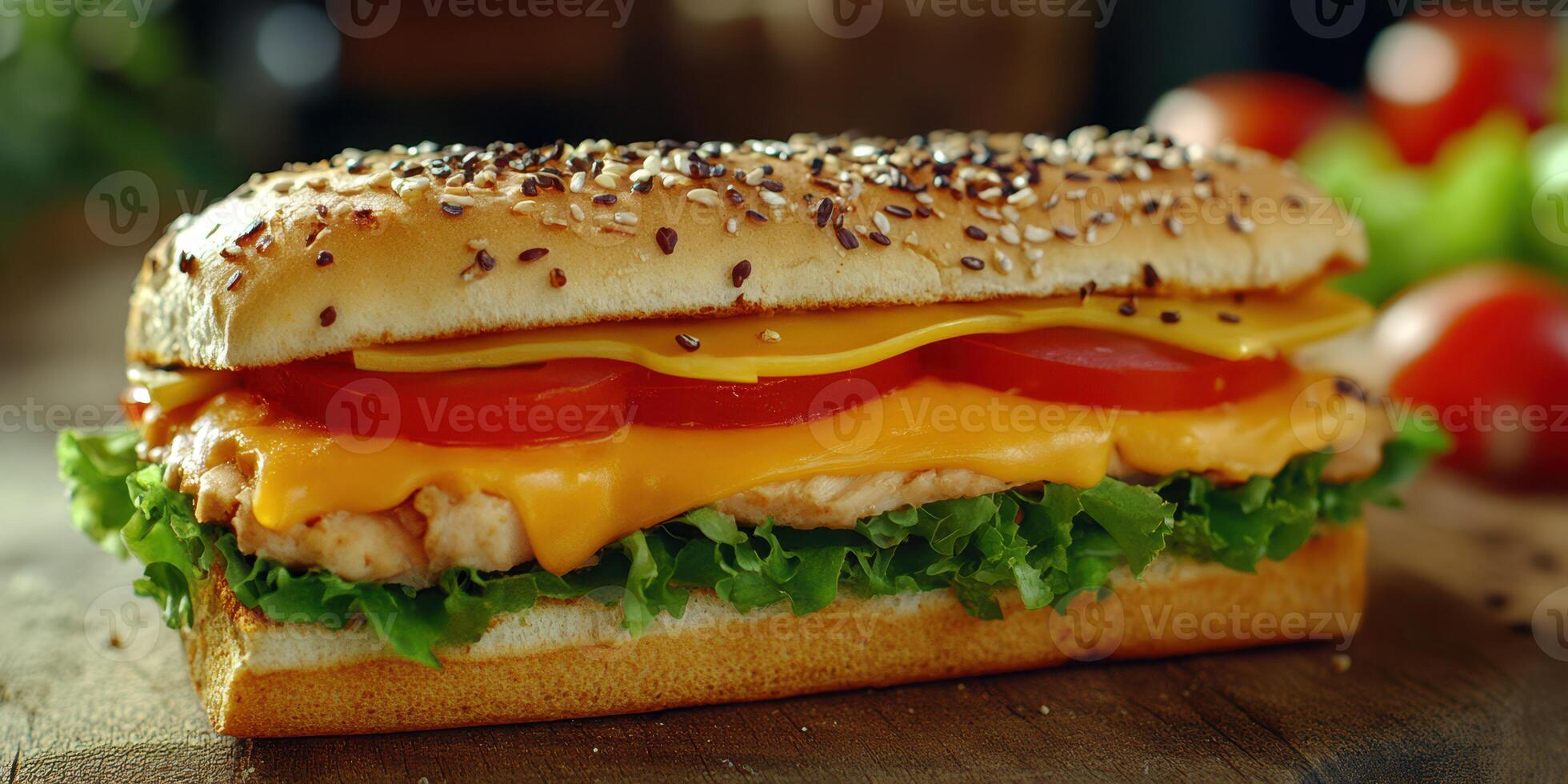 Classic sandwich with chicken, lettuce, tomato, and cheese served on a wooden table in a cozy kitchen setting photo