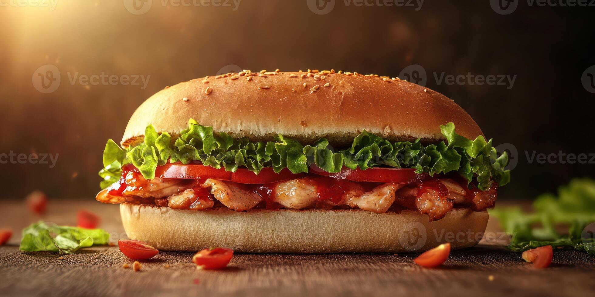 Delicious grilled chicken sandwich with fresh vegetables on sesame seed bun in warm lighting photo