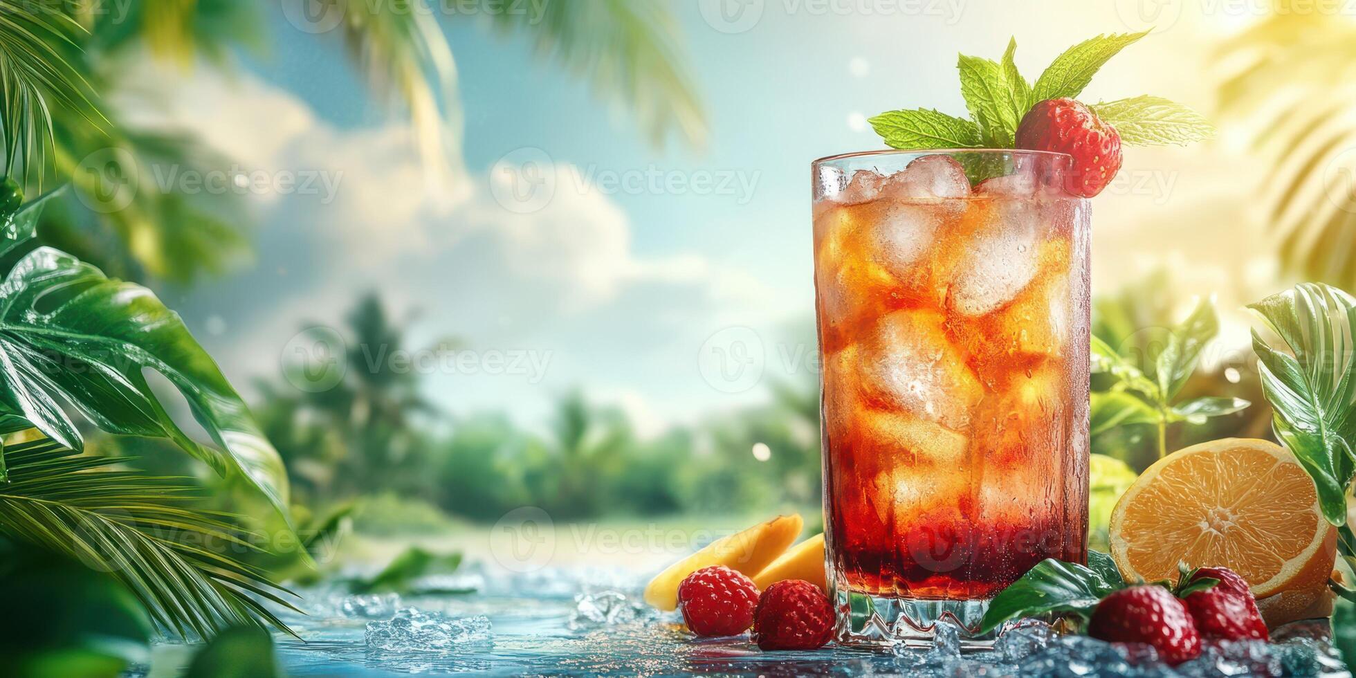 Refreshing summer drink by the tropical poolside under bright sunlight with garnishes and fruits photo