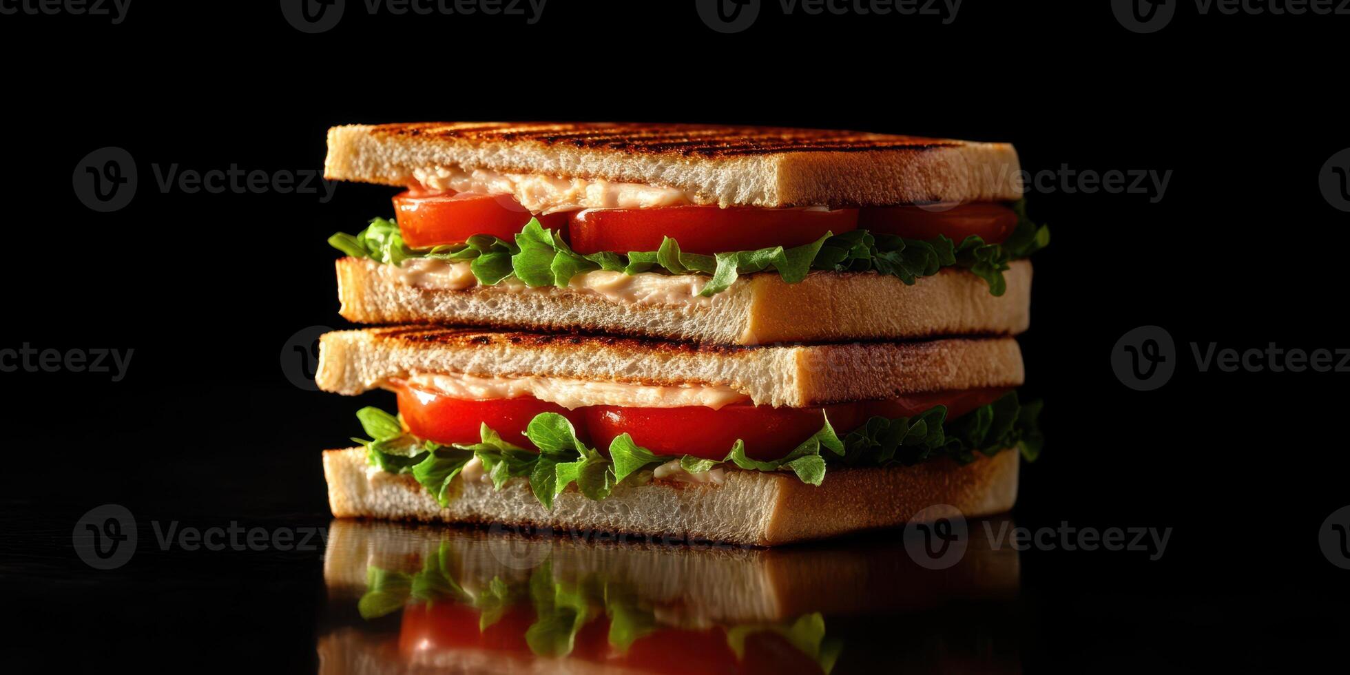 Deliciously stacked sandwich made with toasted bread, fresh vegetables, and creamy spread showcasing appetizing layers photo