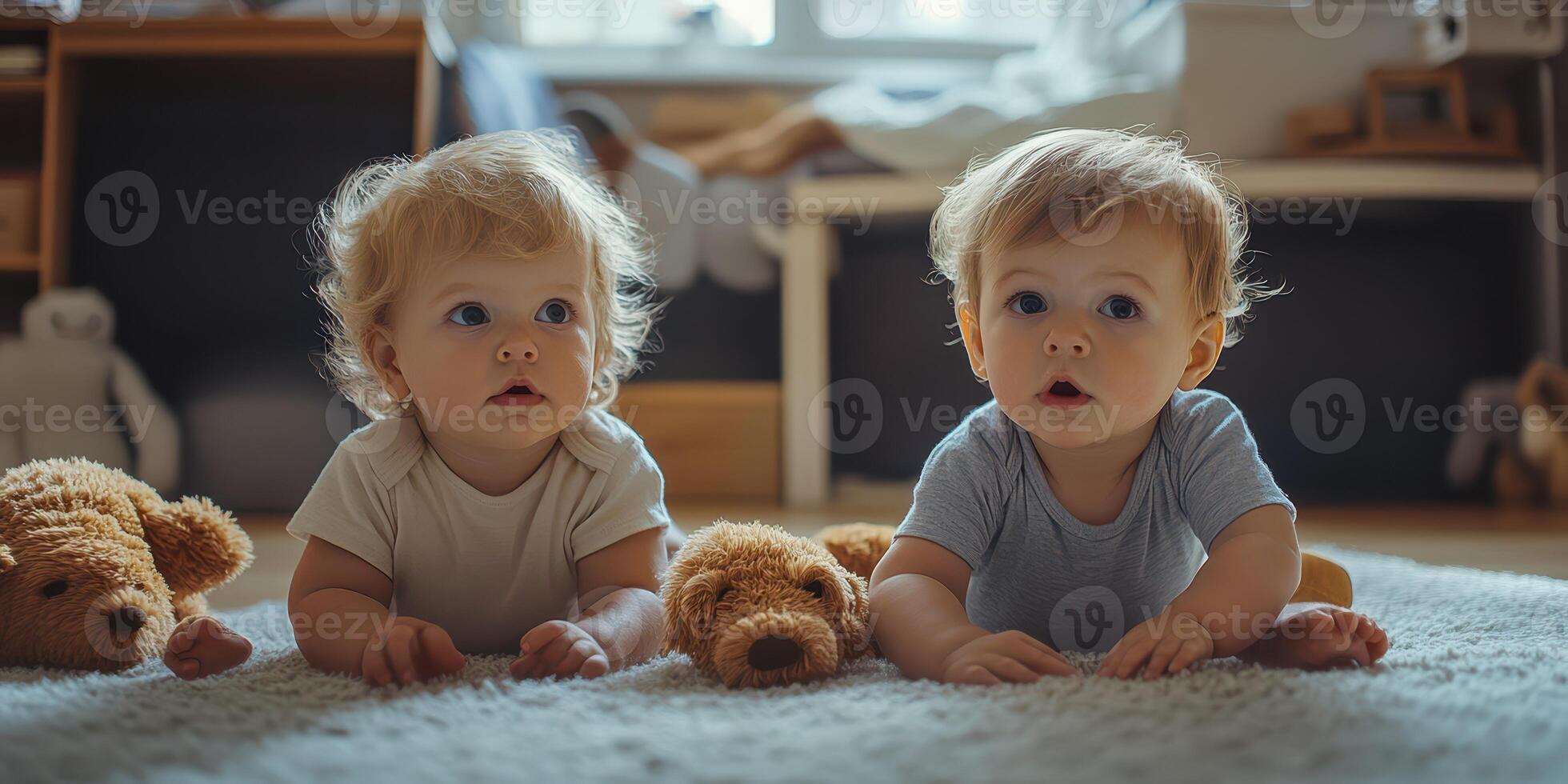 Twins playing on a soft rug with teddy bears in a cozy indoor environment during the afternoon photo