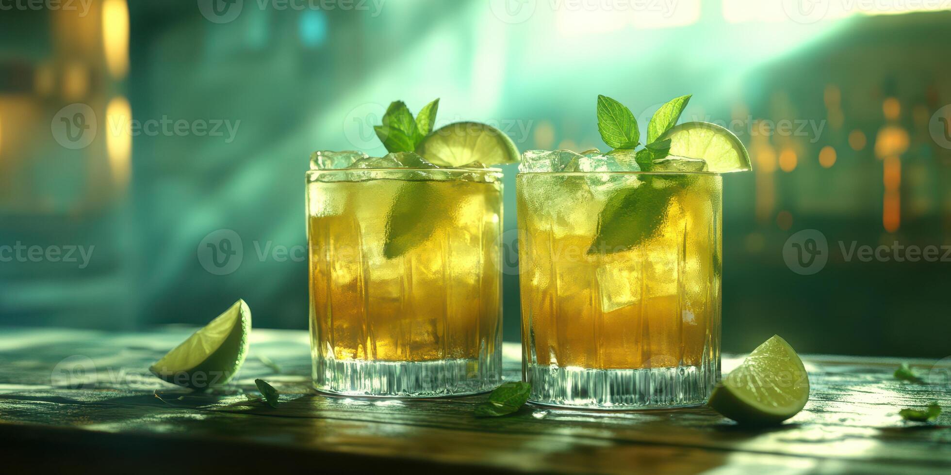 Refreshing cocktails with mint and lime served at a bar during a lively evening photo