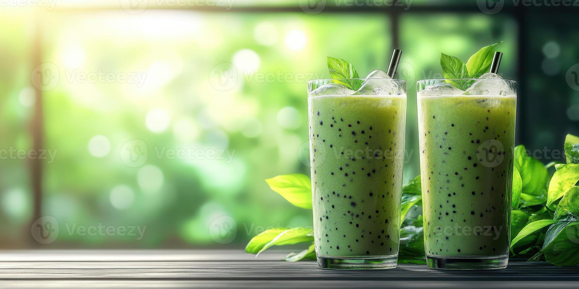 Refreshing green drinks with mint leaves served in glasses next to leafy plants in a bright cafe photo