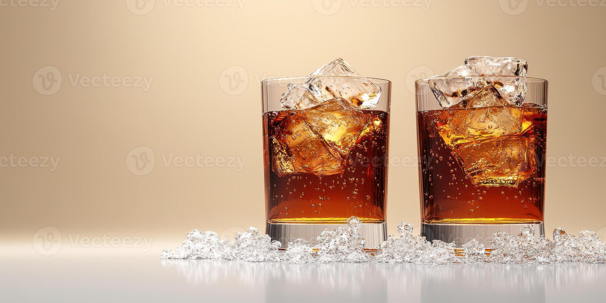 Explore the refreshing appeal of two whiskey glasses overflowing with ice against a warm, golden background photo