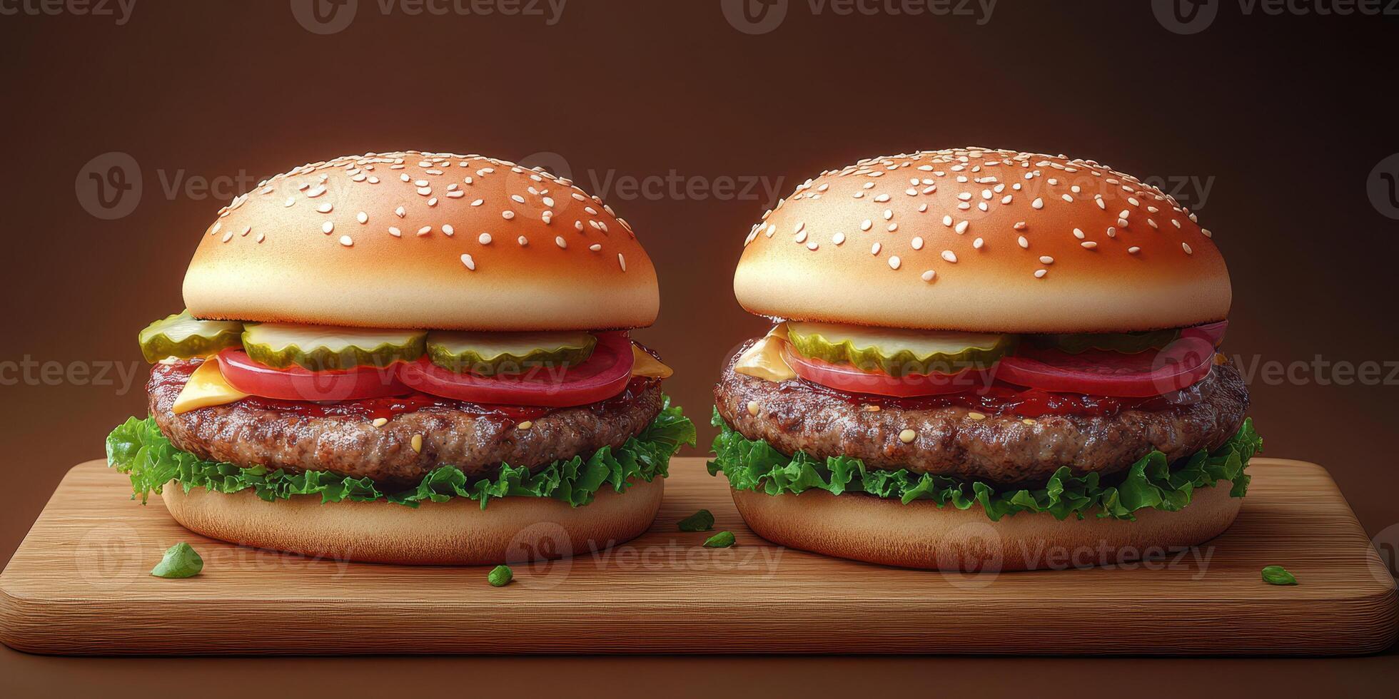 Delicious gourmet burgers with fresh toppings on a wooden board for a mouthwatering meal experience photo