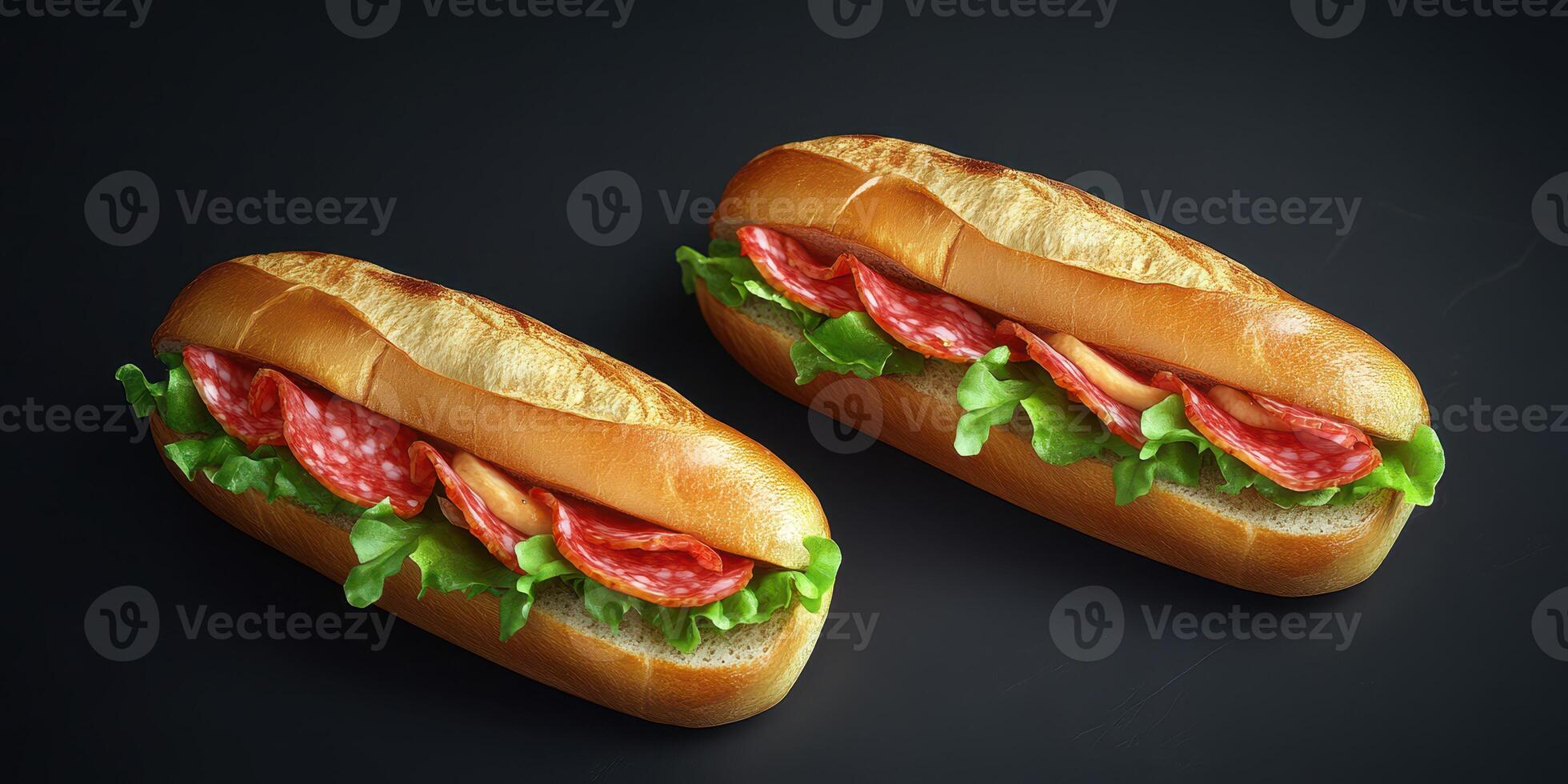 Delicious salami sandwiches served on a dark table with fresh lettuce and crusty bread photo