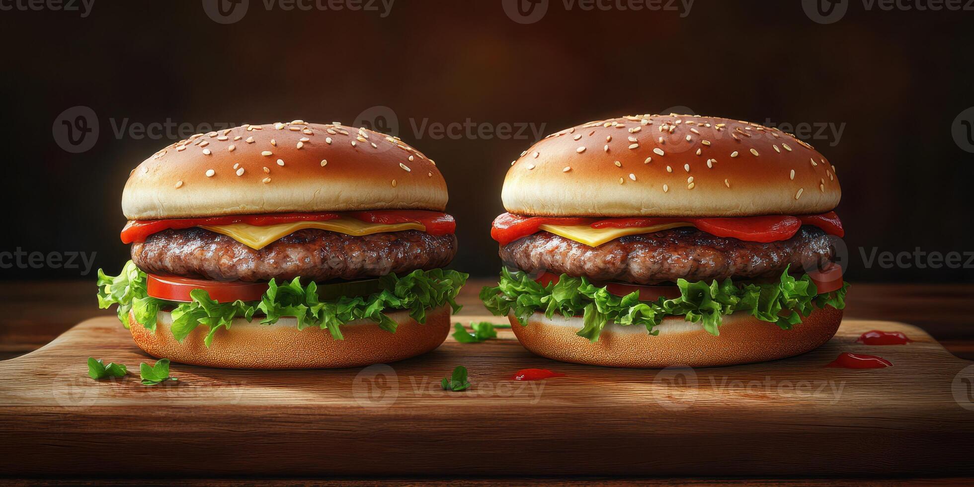 Deliciously crafted burgers served on a wooden board with fresh ingredients and melted cheese at a cozy restaurant setting photo