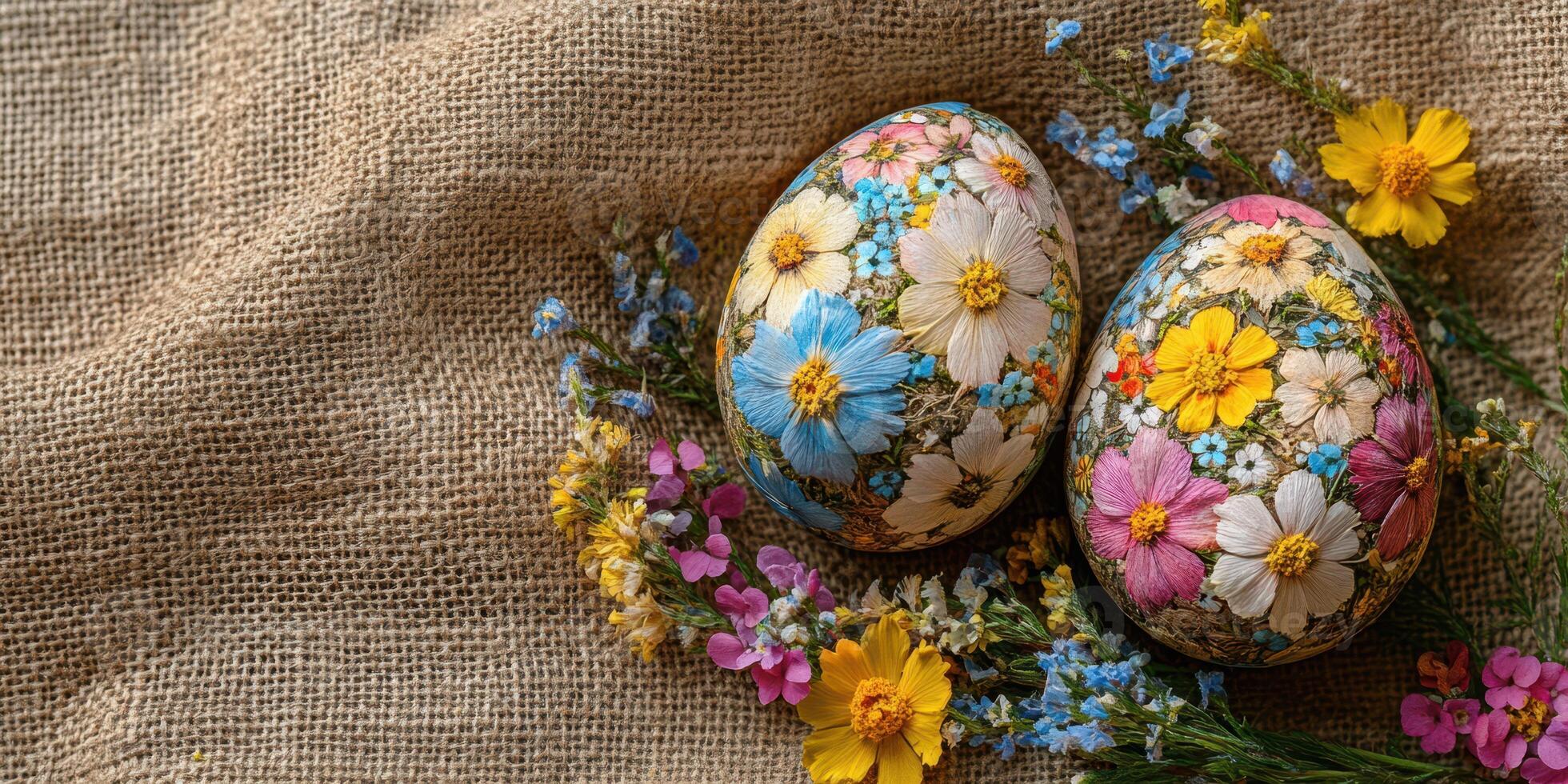 Beautifully decorated Easter eggs surrounded by vibrant flowers on a rustic burlap background in a spring setting photo