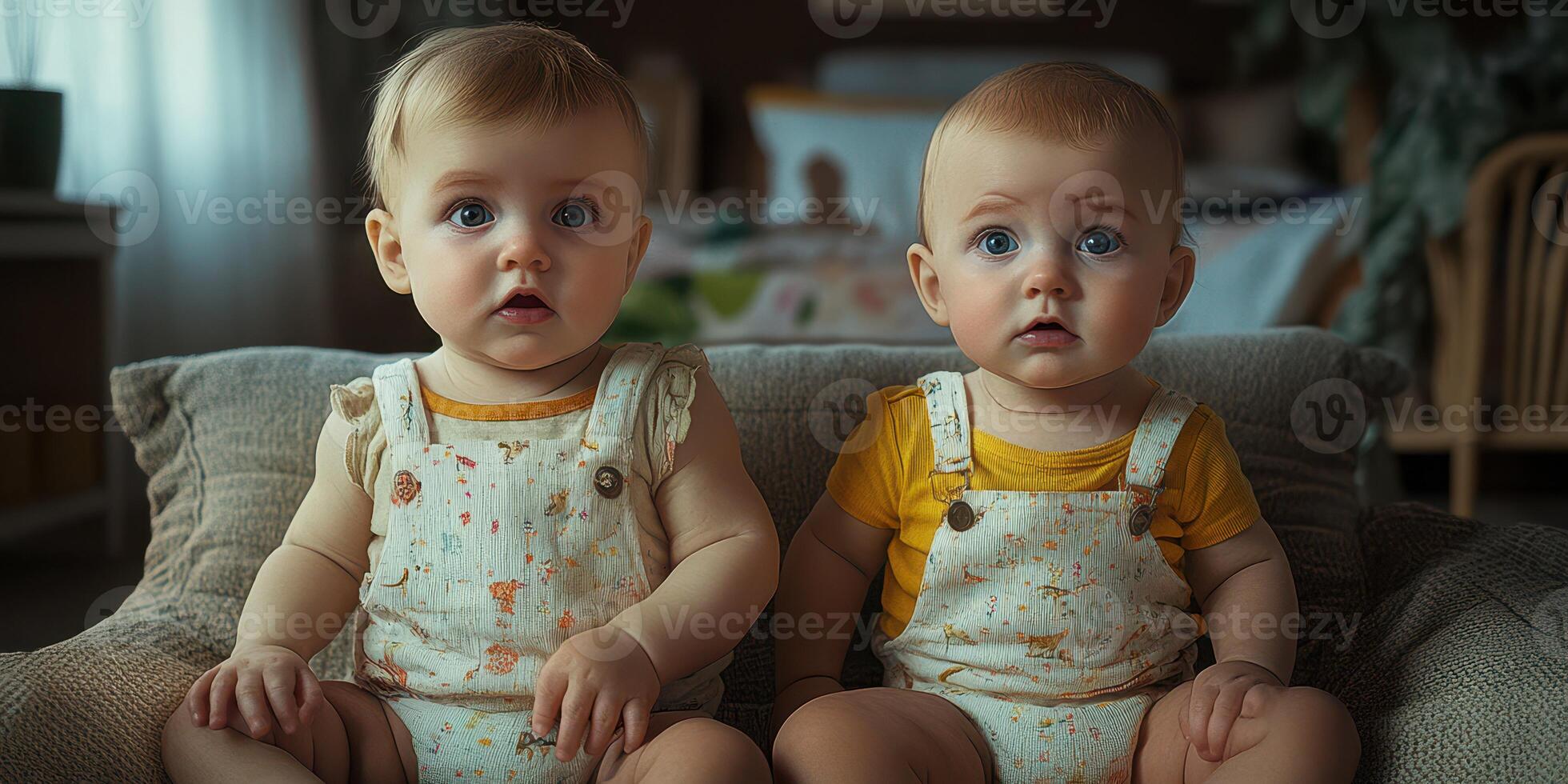Two adorable babies sitting together in cozy indoor setting during afternoon light photo