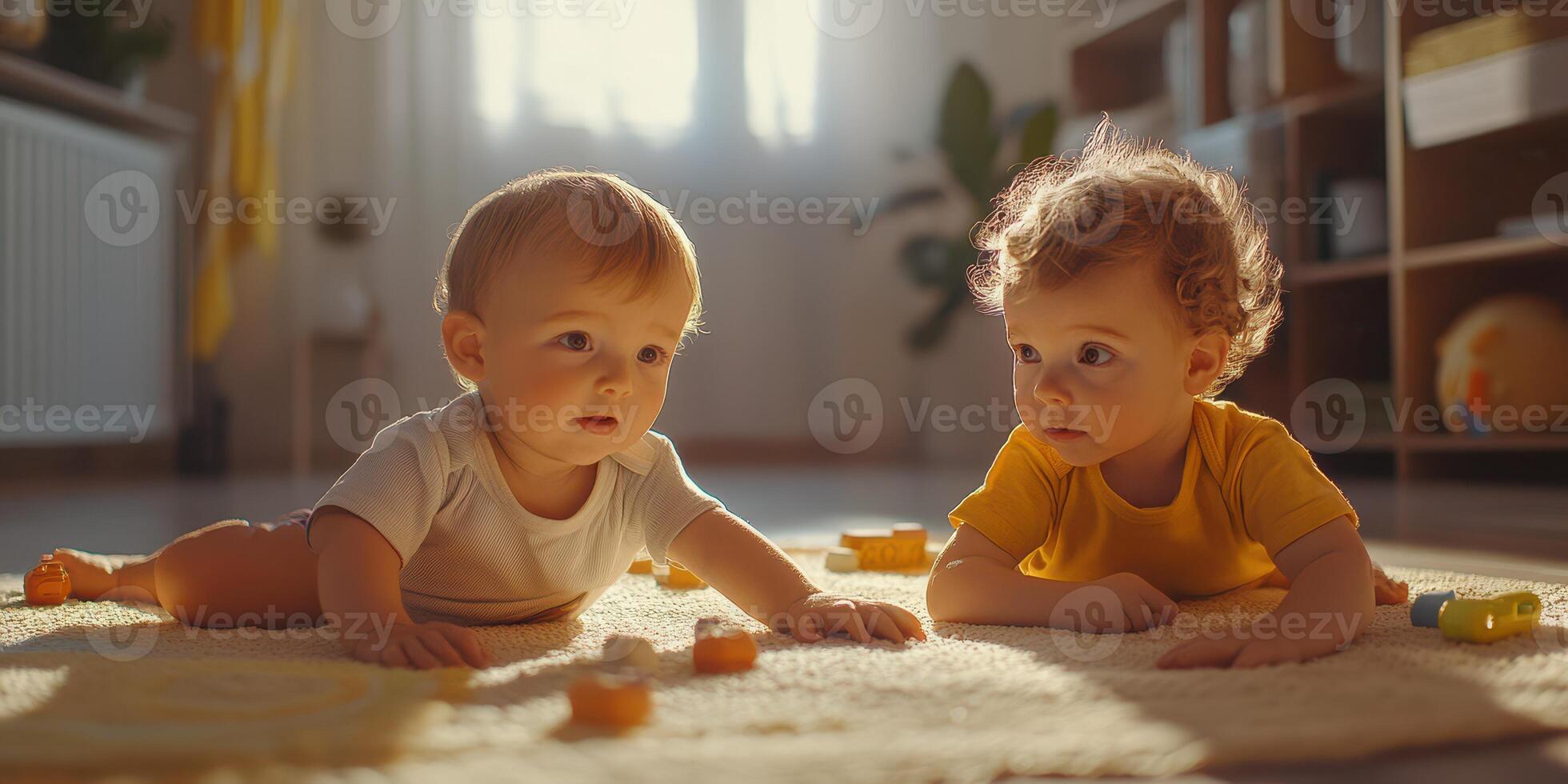 Babies exploring colorful blocks on a cozy carpet in a sunlit room during a playful morning photo