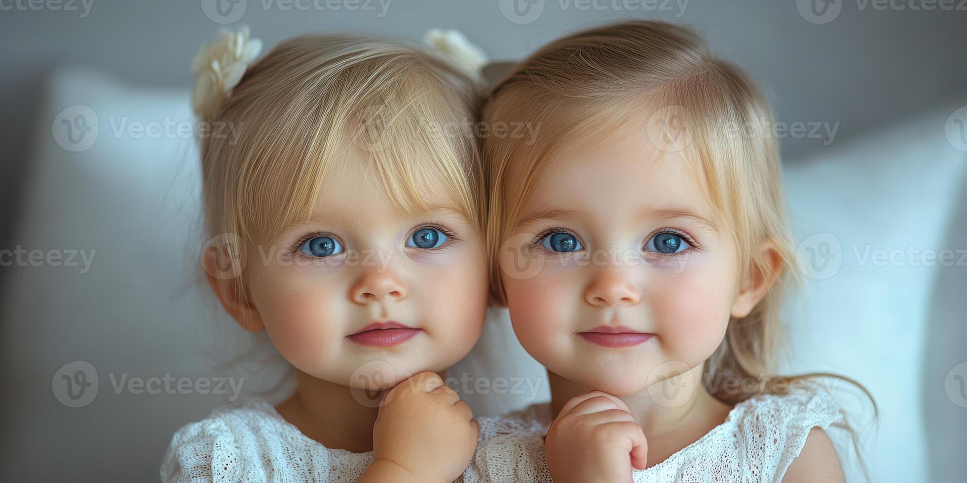 Beautiful twin girls with blue eyes playfully posing together in bright room photo