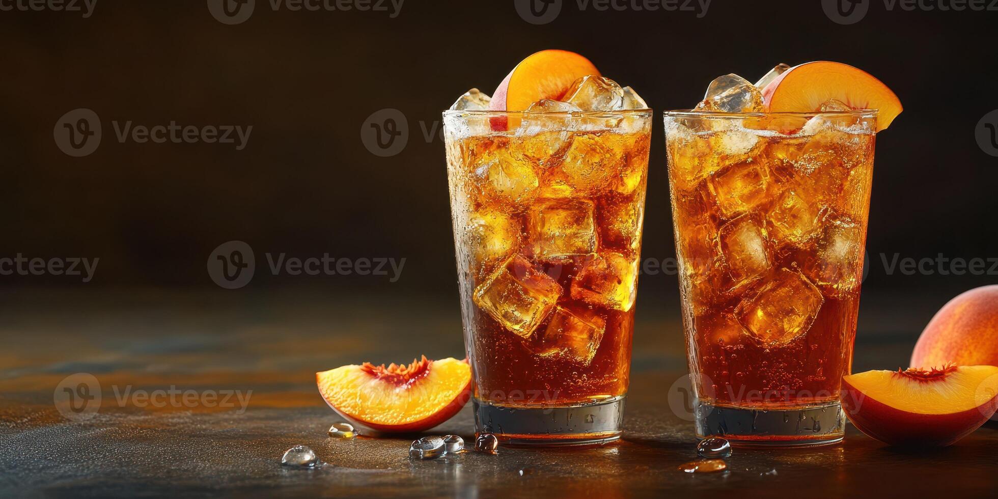 Refreshing iced tea with peach slices served in tall glasses on a dark background photo
