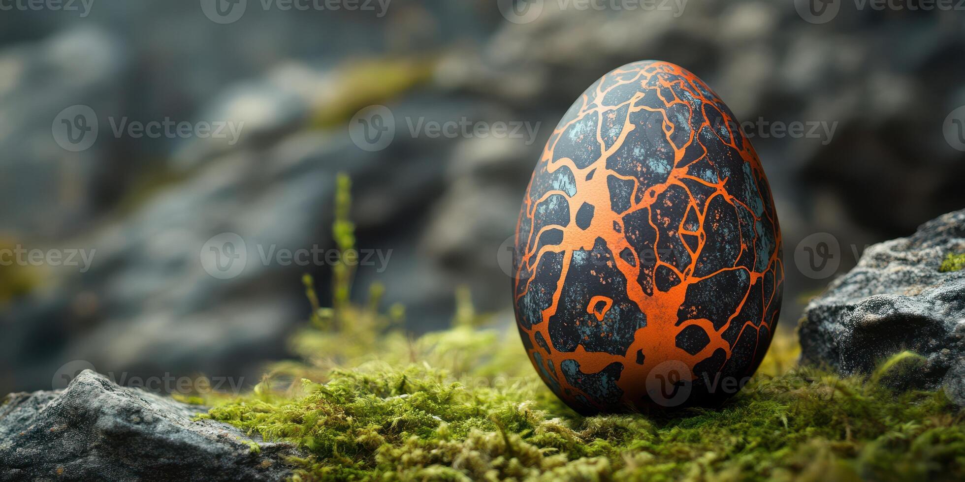 Unique speckled egg rests on moss-covered rocks in a natural setting photo