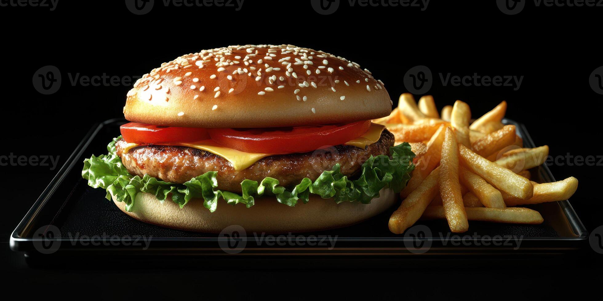 Juicy hamburger with melted cheese, fresh lettuce, ripe tomatoes, and crispy fries on a black background for an appetizing appeal photo