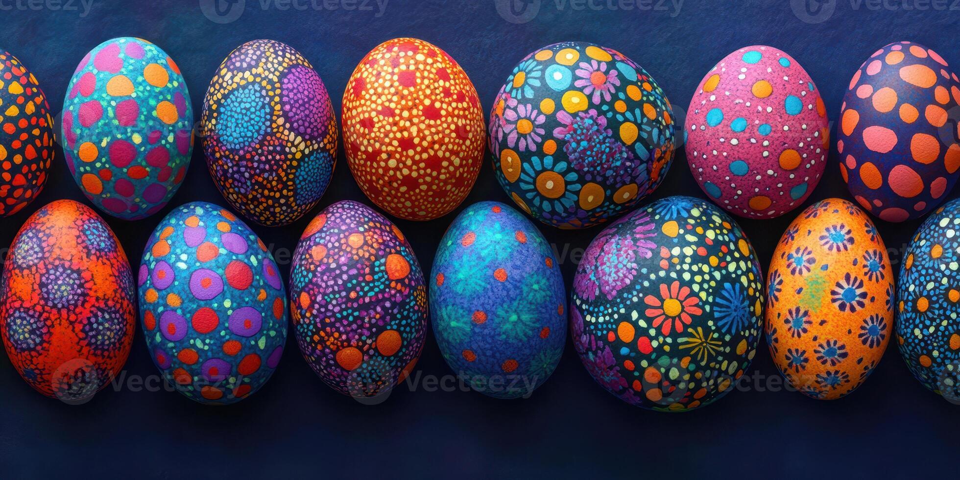 Colorful hand-painted Easter eggs arranged in a vibrant display on a dark background photo
