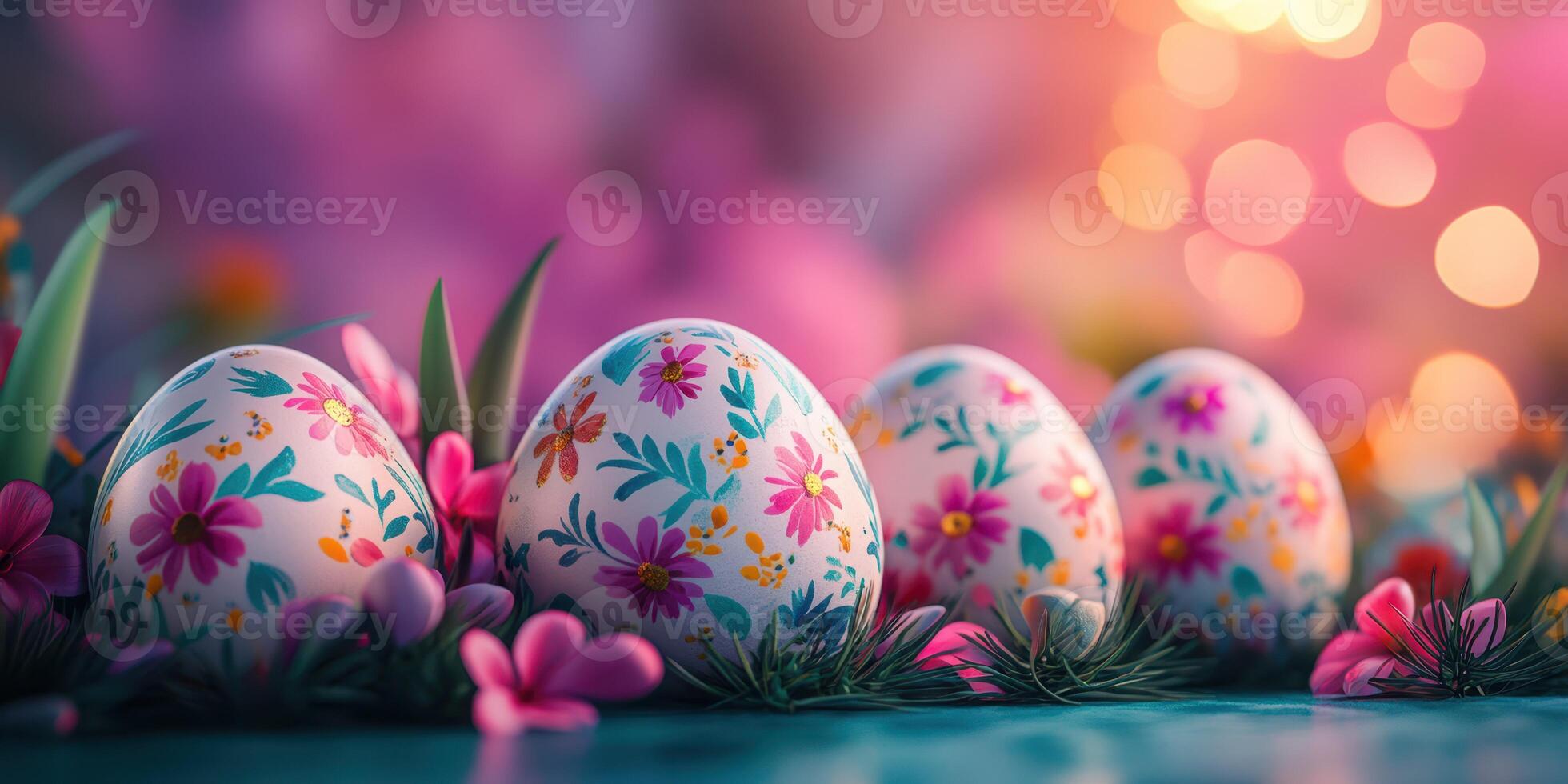 Colorful decorative eggs with floral patterns arranged among vibrant flowers and lush greenery in a festive spring atmosphere photo