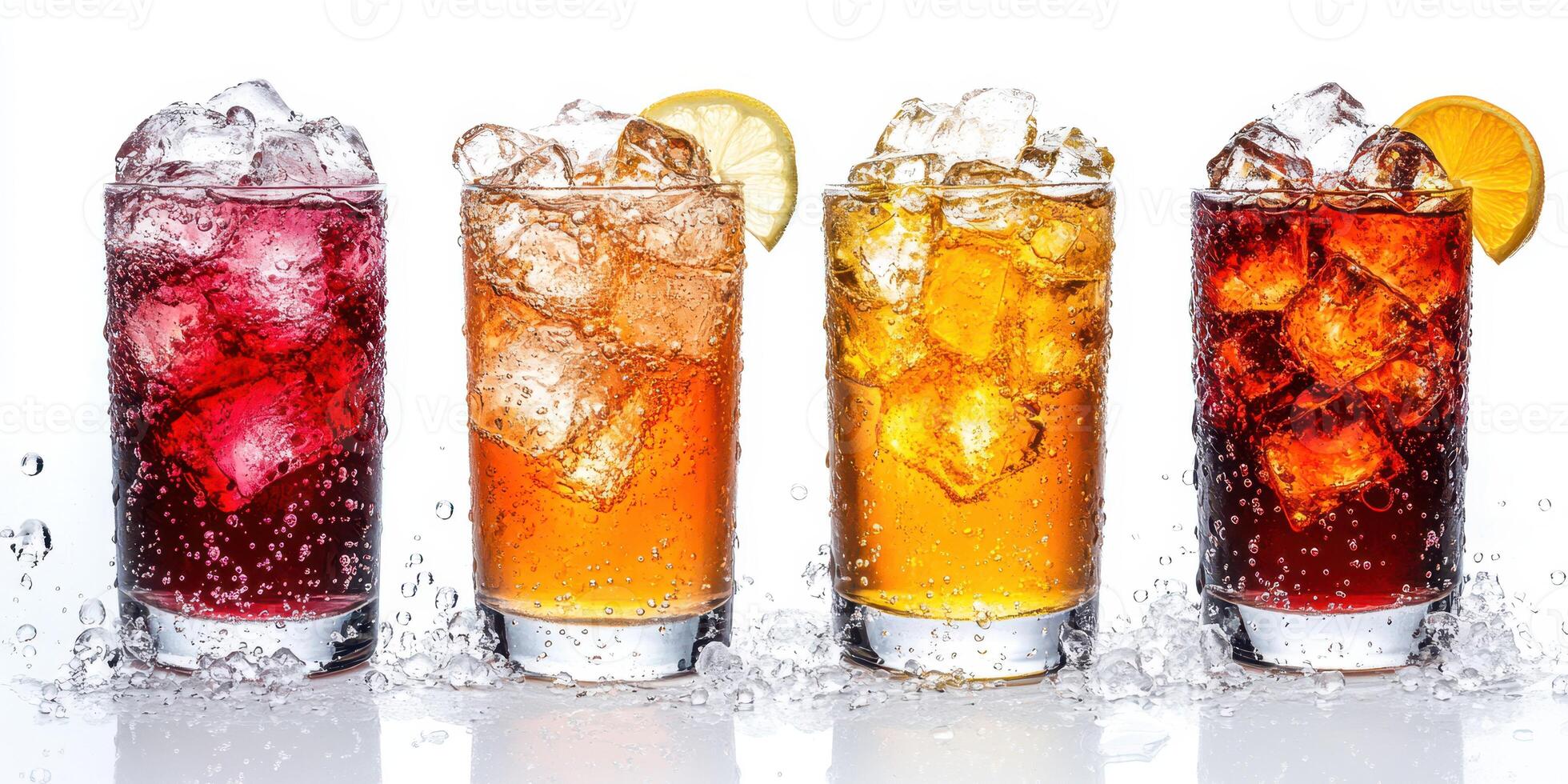 Refreshing assortment of sparkling beverages with ice and citrus garnishes on a clean background photo