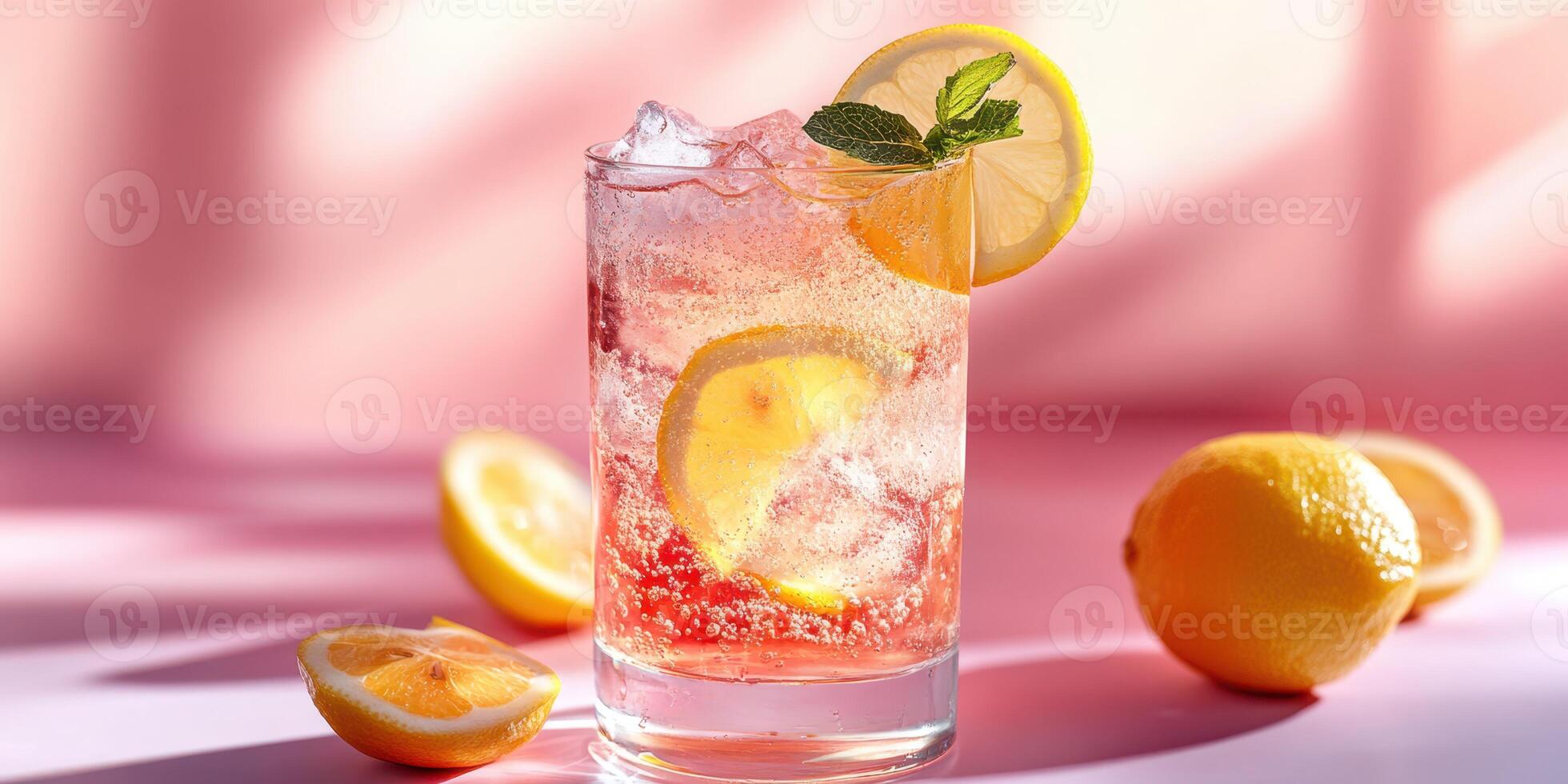 Refreshing sparkling lemonade served in a glass with lemon slices on a pink background during sunny afternoon photo