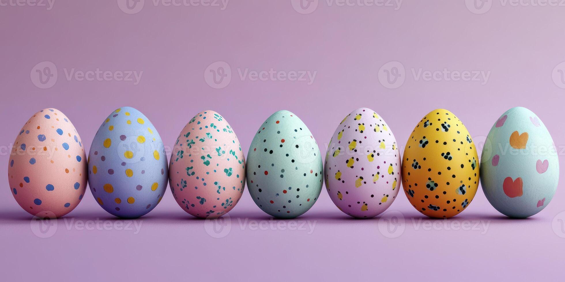 Colorful decorated Easter eggs arranged in a pleasing line against a pastel backdrop photo