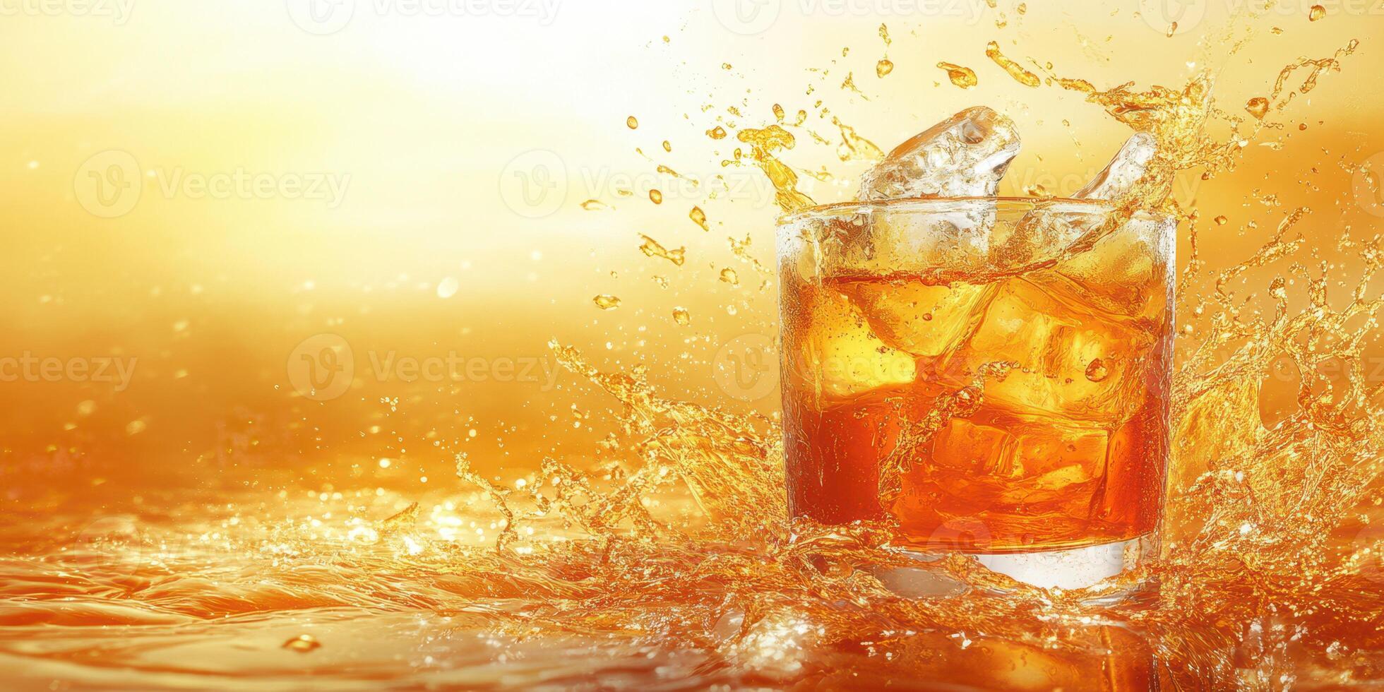 Refreshing drink in a glass splashes as ice cubes melt under warm sunlight at a summer gathering photo