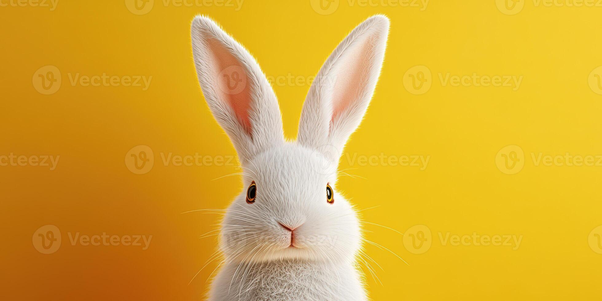 White rabbit with large ears against a bright yellow background during daylight hours photo