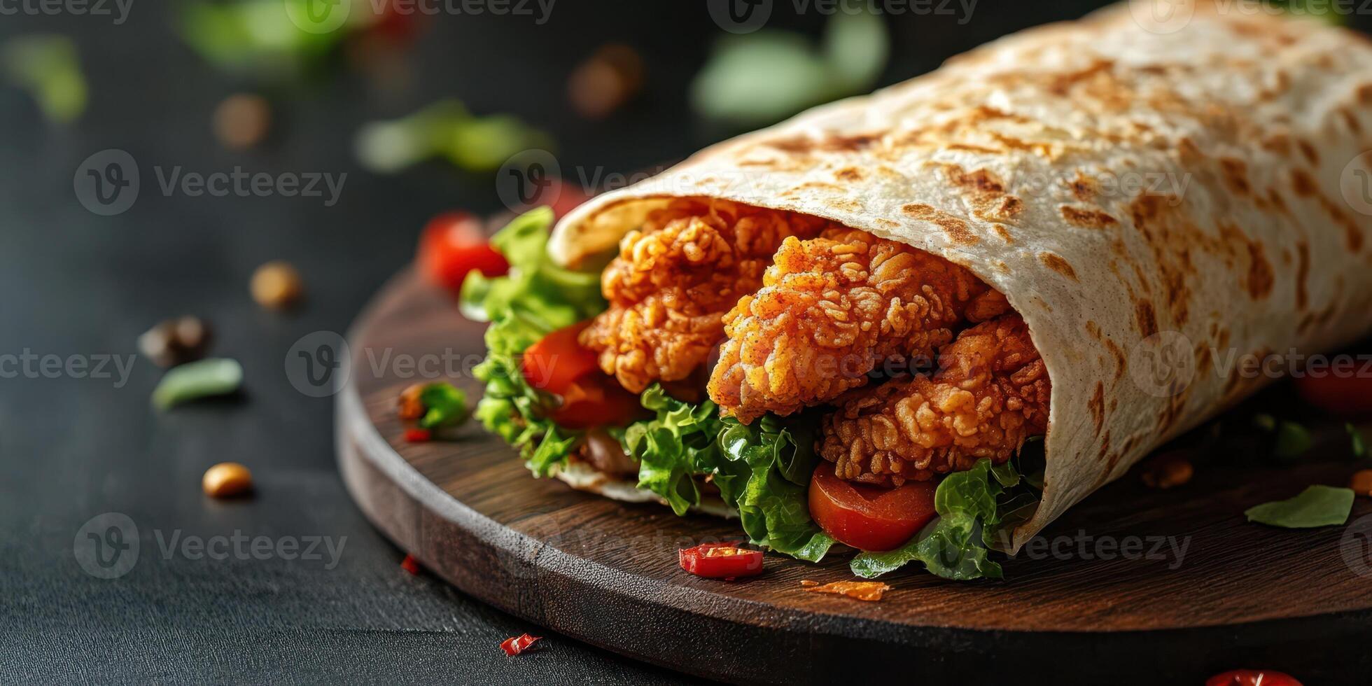 Delicious crispy chicken wrap with fresh vegetables served on a wooden platter in a cozy setting photo