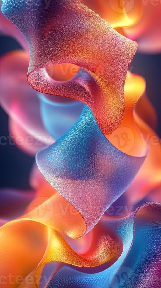 Vibrant swirling ribbons in shades of blue, orange, and pink creating a dynamic abstract composition photo