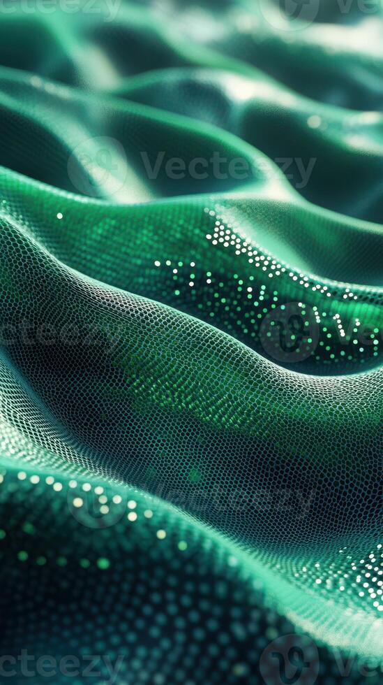 Detailed close-up of shimmering green fabric with intricate textures and patterns under soft light photo