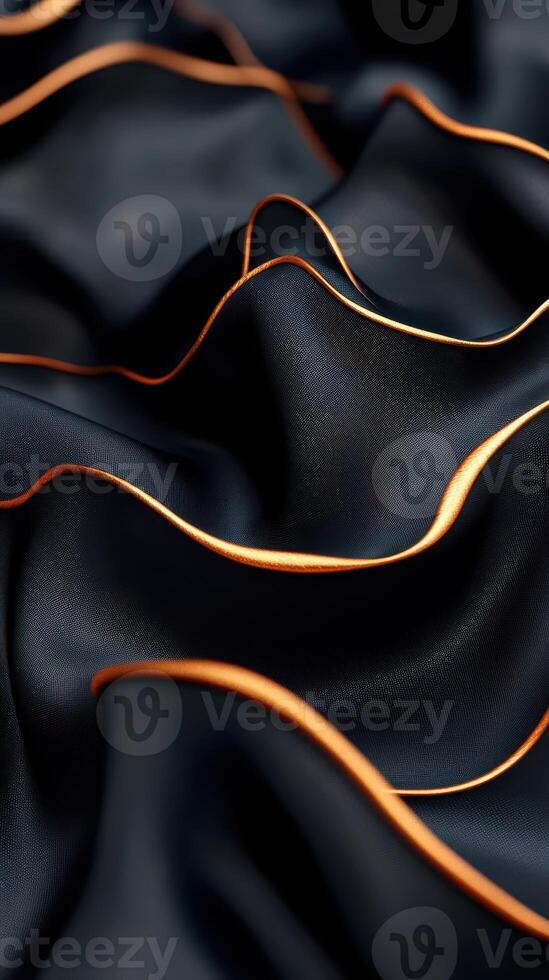 Elegant black fabric with flowing waves and striking orange trim capturing light in a soft atmosphere photo