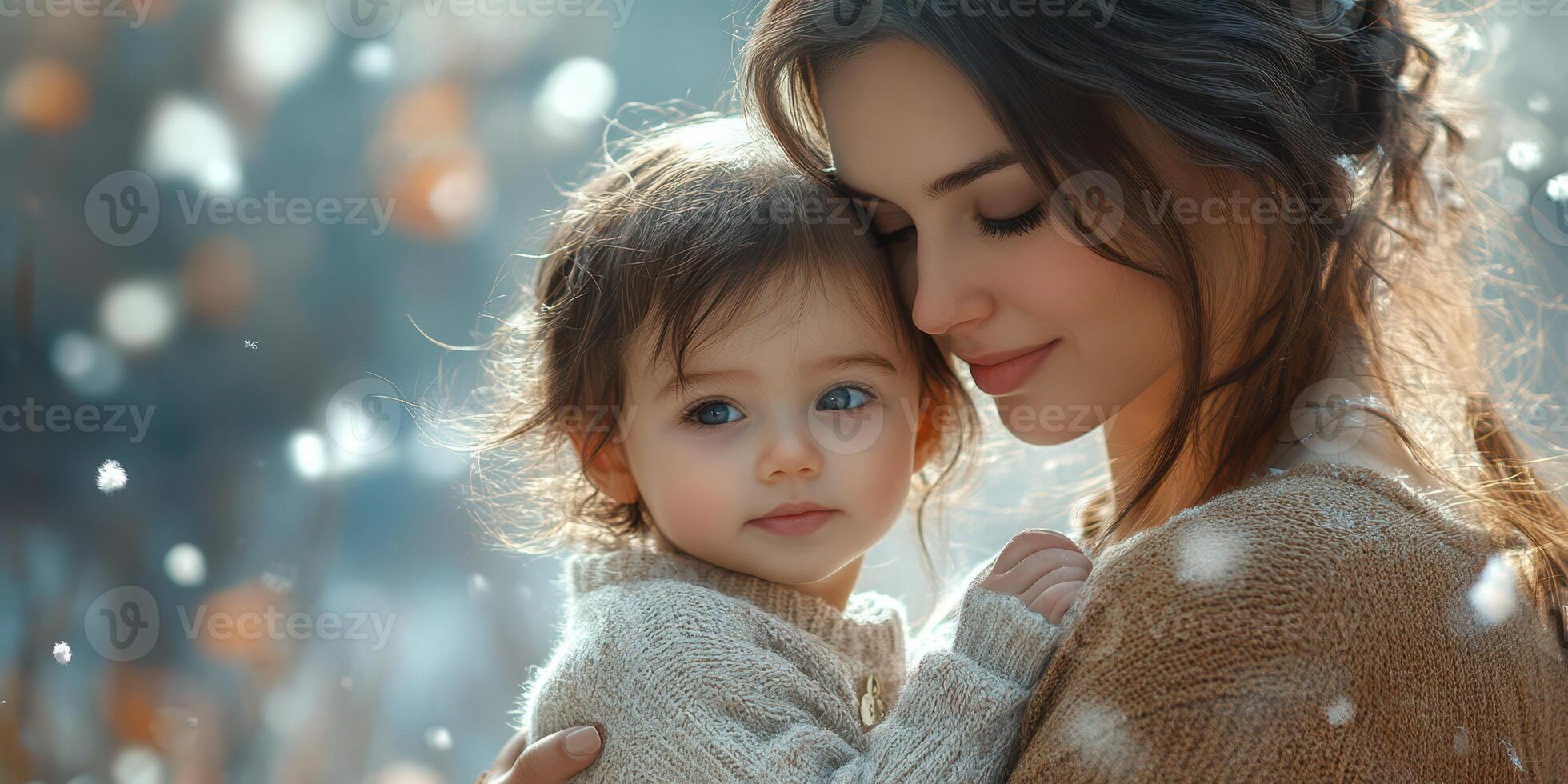 Mother and child enjoy a peaceful moment in a serene winter setting with falling snowflakes photo